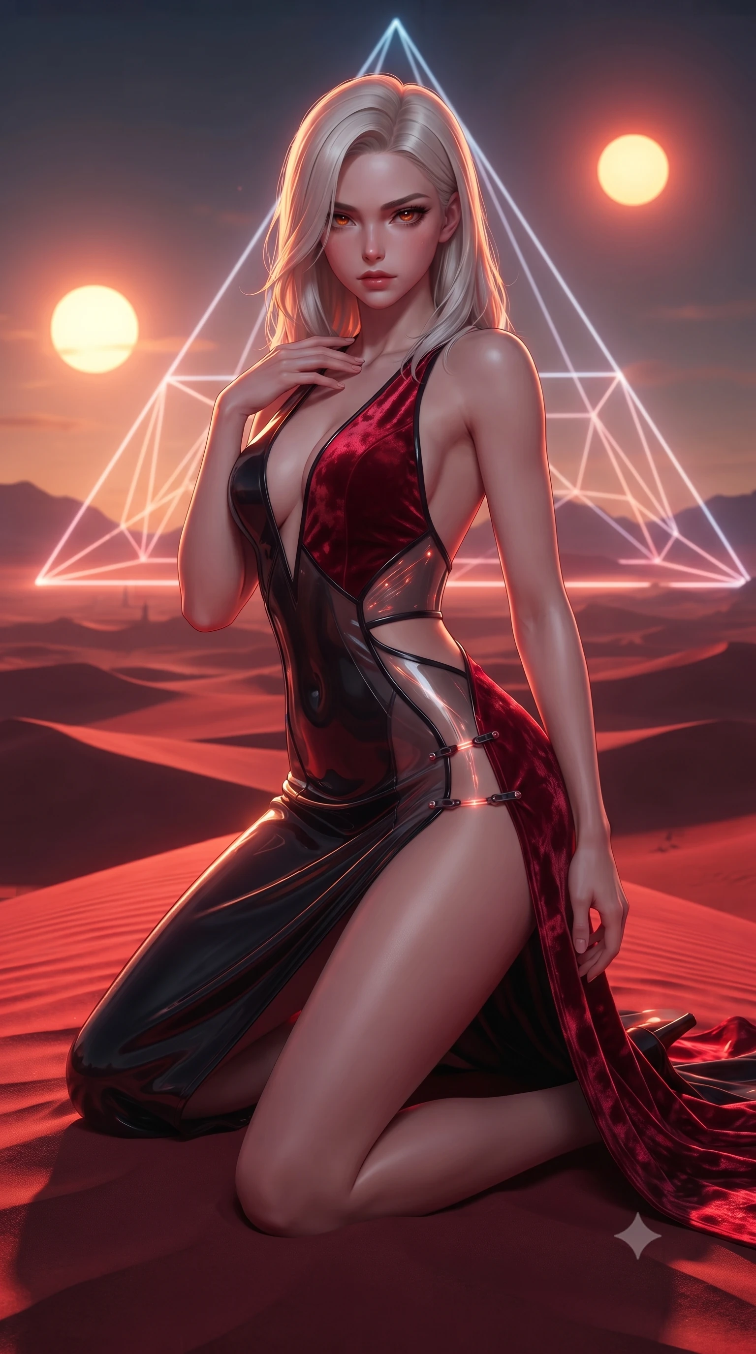 score_9, masterpiece, best quality, ultra-detailed, high-budget anime keyframe, editorial fashion photography, tasteful artistic composition, Caucasian woman. close-up cowboy shot from the waist and thighs up, the character dominates the composition, filling the frame with her large presence. leaning forward with a dangerous, enticing smolder, resting one hand near her collarbone while casting a fiery, magnetic direct gaze while kneeling gracefully atop a crimson sand dune as twin alien suns set behind a giant neon wireframe pyramid. The surrounding environment is rendered in vivid detail and crisp panoramic clarity. rich high-contrast warm desert lighting and futuristic cyber-monument architecture rendered in high resolution. She has an exceptionally elegant, slender, and willowy female figure with an ultra-slim waist, a gracefully sculpted slender torso, and a refined silhouette. sharp v-shaped jawline, high-bridge nose, intricate jewel-like eyes with depth, thick eyelashes, glossy lips with a natural sheen, flawlessly proportioned anatomical accuracy, natural body alignment, perfectly sculpted elegant limbs, clean dynamic posture without body distortion. wearing a backless crushed velvet gown with a deep V-neckline, strategic hip cutouts, and an ultra-high thigh slit in glossy obsidian black and radiant crimson red, tailored from semi-translucent cybernetic vinyl with glowing micro-filaments, finished with an ultra-high side slit secured by miniature magnetic clasps, the liquid-tight fabric adhering flawlessly to her sculpted torso and slender silhouette. surrounded by an epic, windswept, and intensely magnetic cosmic desert atmosphere. ultra-reflective glossy finish, specular highlights, metallic sheen, high-contrast stereoscopic depth, volumetric dynamic lighting, 2k, ultra detail, master piece, 9:16 ratio