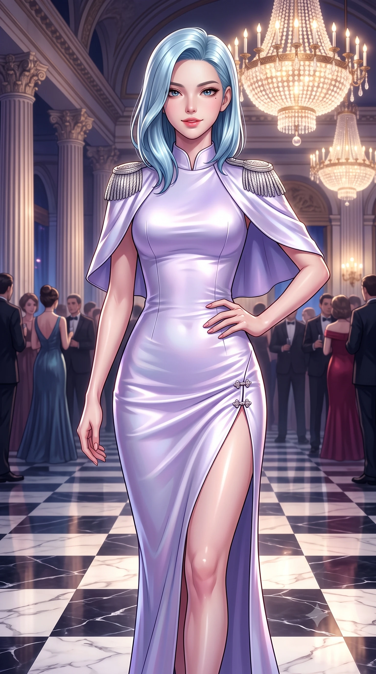score_9, masterpiece, best quality, ultra-detailed, high-budget anime keyframe, semi-realistic 3D game render, editorial fashion photography, tasteful artistic composition, Korean woman. close-up cowboy shot from the waist and thighs up, the character dominates the composition, filling the frame with her large presence. smiling with subtle, enchanting allure and glossy parted lips, one hand resting on her waist with effortless supermodel poise while gliding across the mirror-polished checkerboard marble floor of an imperial palace ballroom during a midnight gala. The surrounding environment is rendered in vivid detail and crisp panoramic clarity. detailed neoclassical column fluting, palace ceiling chandeliers, and satin dress textures in high clarity. She has an exceptionally elegant, slender, and willowy female figure with an ultra-slim waist, a gracefully sculpted slender torso, toned flat midriff, and a refined slim silhouette. sharp v-shaped jawline, high-bridge nose, intricate jewel-like eyes with depth, thick eyelashes, glossy lips with a natural sheen, captivating and magnetic expression, flawlessly proportioned anatomical accuracy, strict slender model proportions, natural body alignment, perfectly sculpted long slender limbs, ultra-slim waistline, clean dynamic posture without body distortion. wearing a modern royal capelet gown with platinum shoulder epaulets and a slender column skirt in pearlescent opal with soft violet luster, tailored from ultra-smooth duchess satin with a pearlescent sheen, finished with an ultra-high side slit secured by miniature jeweled clasps, the sleek tailored cut tightly hugging her graceful clavicle, narrow waist, and feminine curves with statuesque precision. illuminated by crisp specular highlights tracing her sculpted flat midriff, collarbones, and long legs. highly saturated vibrant anime colors, detailed shading with soft gradients, rich glossy textures, high-contrast stereoscopic depth, volumetric dynamic lighting, master piece, 9:16 ratio