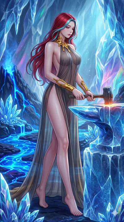 score_9, masterpiece, best quality, ultra-detailed, high-budget anime keyframe, Korean woman. low angle full-body shot filling the entire 9:16 frame with her statuesque presence, stretching the vertical silhouette. forging in a prismatic ice-volcano 