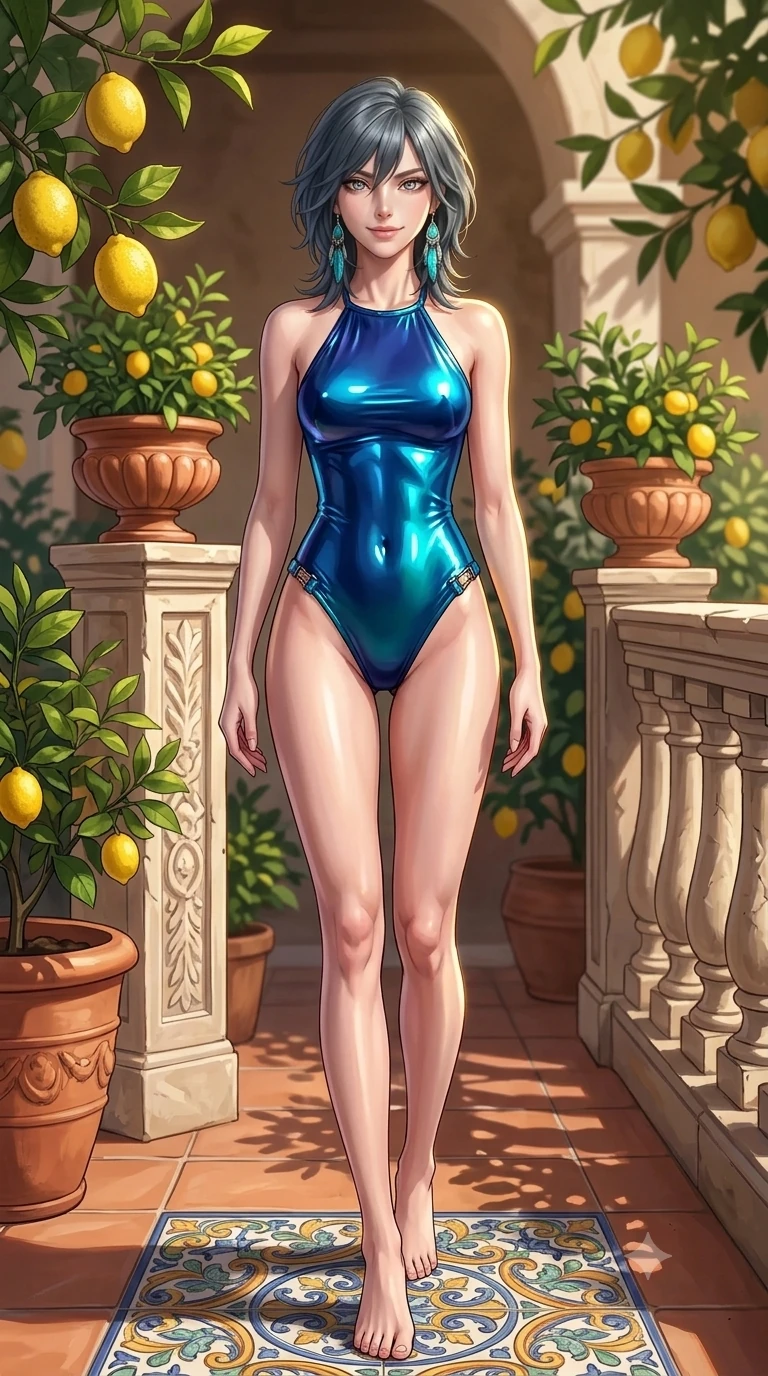 score_9, masterpiece, best quality, ultra-detailed, high-budget anime keyframe, semi-realistic 3D game render, editorial fashion photography, tasteful artistic composition, Caucasian woman. low angle full-body shot from head to toe showing her feet, filling the entire 9:16 vertical frame with her statuesque presence, stretching her vertical silhouette. stepping slowly toward the camera with hypnotic grace, hips swaying in an alluring sensual rhythm that accentuates her curvy hourglass silhouette and long slender legs while twisting her slender torso in an alluring S-curve between terracotta flower urns, dappled citrus leaf shadows tracing her flat midriff and hourglass curves. The surrounding environment is rendered in vivid detail and crisp panoramic clarity: sharp rough lemon rind texture, carved limestone balustrade chisel marks, and majolica ceramic tile patterns in deep focus. She has an absolutely perfect, statuesque 8.5-heads proportion, an exceptionally tall and slender model-like female figure with impossibly long slender legs, an ultra-slim waist, a flat toned midriff, narrow delicate ribcage, and beautifully sculpted feminine hips creating a graceful, slim hourglass silhouette without any bulky heaviness. sharp v-shaped jawline, high-bridge nose, sparkling eyes with hypnotic seductive depth, thick curled eyelashes, glossy parted lips with a natural dewy peach sheen, alluring bedroom-eyes with an enchanting coquettish smile, exuding magnetic siren charisma and sophisticated glamour, flawlessly proportioned anatomical accuracy, strict slender model proportions, natural body alignment, perfectly sculpted long slender limbs, ultra-slim waistline, clean dynamic posture without body distortion. wearing a slinky backless halterneck leotard with metallic clasp accents along the side hips in deep Capri grotto sapphire and glowing electric teal, crafted from wet-look high-gloss vinyl fabric with dazzling specular surface reflections, accented with turquoise and silver bohemian feather earrings swaying near her bare neck, the form-contouring material adhering flawlessly to her sculpted flat midriff and slender torso, emphasizing her long leg lines and perfectly proportioned willowy build. illuminated by terracotta tiled floor bounce and sharp lemon-gold rim lights defining her razor-sharp jawline, narrow waist, and curvy hips. highly saturated vibrant anime colors, detailed shading with soft gradients, rich glossy textures, high-contrast stereoscopic depth, volumetric dynamic lighting, master piece, 9:16 ratio