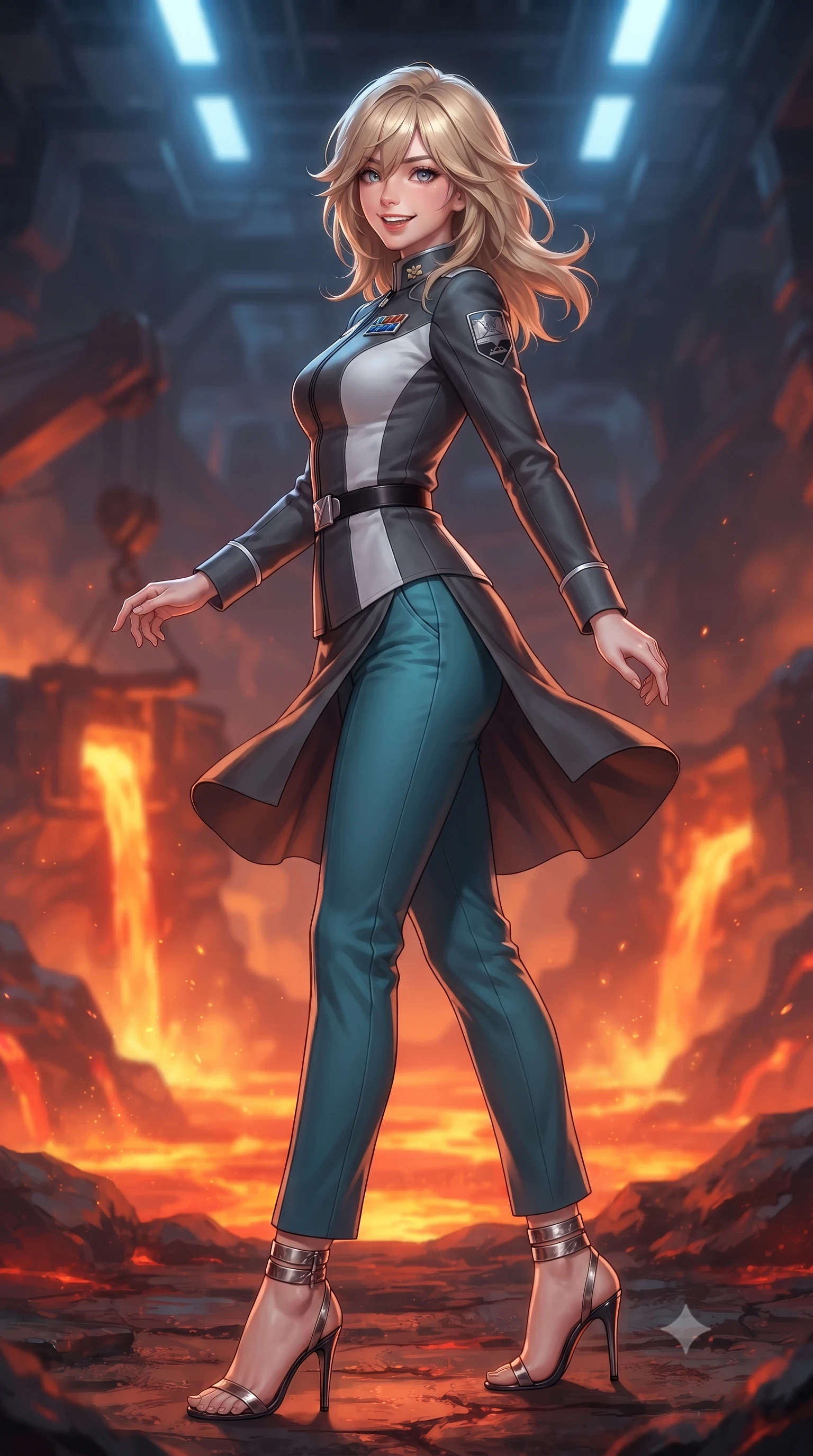 score_9, masterpiece, best quality, ultra-detailed, high-budget anime keyframe, editorial fashion photography, tasteful artistic composition, Japanese woman. low angle full-body shot from head to toe showing her feet, filling the entire 9:16 vertical frame with her statuesque presence, stretching her vertical silhouette. executing a slow, graceful pivot turn as her skirt sways around her slender legs, glancing back with an enchanting, teasing sensual expression while twisting her slender torso in an alluring contrapposto stance beside the slag skimming crane, incandescent crimson magma light caressing her narrow waist and curvy hips. The background shows a soft-focus shimmering thermal heat haze softened in subterranean volcanic forge shallow focus. She has an exceptionally tall and slender model-like 8.5-heads proportion, an ultra-slim waist, a flat toned midriff, narrow delicate ribcage, and beautifully sculpted feminine hips creating a graceful, slim hourglass silhouette without any bulky heaviness, with impossibly long slender legs. sharp v-shaped jawline, high-bridge nose, intricate jewel-like sparkling eyes with depth, thick eyelashes, glossy parted lips with a natural peach sheen, bright cheerful beaming smile with an enchanting and coquettish sensual glint, exuding both youthful cute charm and seductive allure, flawlessly proportioned anatomical accuracy, strict slender model proportions, natural body alignment, perfectly sculpted long slender limbs, ultra-slim waistline, clean dynamic posture without body distortion. wearing a tailored orbital colony command uniform in dark grey and white paneling with rank insignia pins and tailored straight-leg trousers in Europa abyssal turquoise and ice-shelf diamond, tailored from high-density tech-wool with subtle metallic thread weave, complemented by strappy stiletto sandals with metallic ankle wraps accentuating her slender calves, the impeccably tailored cut draping gracefully along her slender figure with aristocratic poise. bathed in the intense warm 2000K radiant glow of molten titanium rivers contrasted with cool overhead blue safety strobes. ultra-reflective glossy finish, specular highlights, rich textural contrasts, high-contrast stereoscopic depth, volumetric dynamic lighting, 2k, ultra detail, master piece, 9:16 ratio