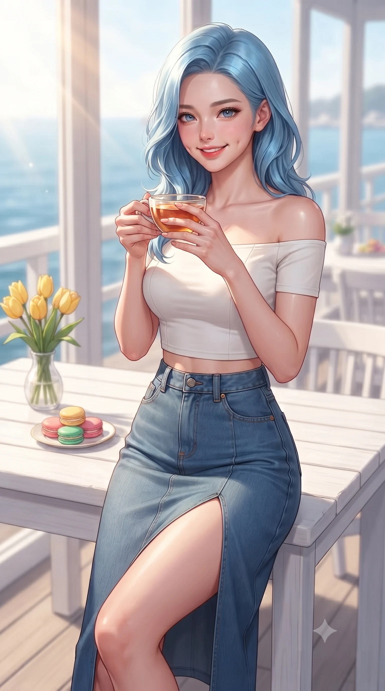 score_9, masterpiece, best quality, ultra-detailed, high-budget anime keyframe, editorial fashion photography, tasteful artistic composition, Korean woman. close-up cowboy shot from the waist and thighs up, the character dominates the composition, filling the frame with her large presence, background elements kept in soft focus. smiling with soft, cute dimples, holding a warm cup of tea with both hands set against a soft-focus background of at a seaside cafe deck with white wooden tables and views of the blue water with a small vase of yellow tulips and a plate of colorful macarons on the table. She has an exceptionally elegant, slender, and willowy female figure with an ultra-slim waist, a gracefully sculpted slender torso, and a refined silhouette. sharp v-shaped jawline, high-bridge nose, intricate jewel-like eyes with depth, thick eyelashes, glossy lips with a natural sheen. wearing tailored stylish off-shoulder crop top paired with a high-slit denim midi skirt. warm morning sunbeams filtering through the large front glass windows. ultra-reflective glossy finish, specular highlights, metallic sheen, high-contrast stereoscopic depth, volumetric dynamic lighting, 2k, ultra detail, master piece, 9:16 ratio