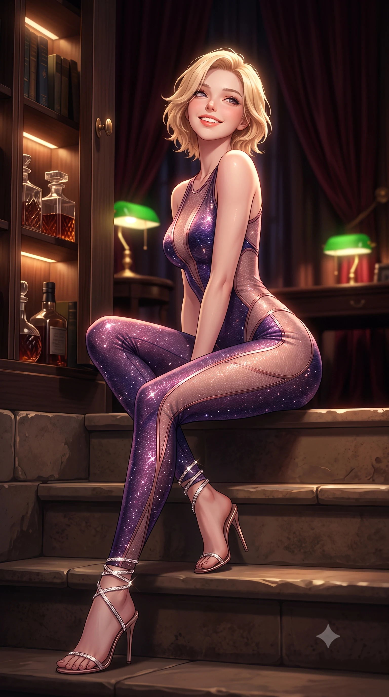 score_9, masterpiece, best quality, ultra-detailed, high-budget anime keyframe, semi-realistic 3D game render, editorial fashion photography, tasteful artistic composition, Caucasian woman. low angle full-body shot from head to toe showing her feet, filling the entire 9:16 vertical frame with her statuesque presence, stretching her vertical silhouette. sitting poised on the stone steps with one knee bent, arching her spine with supermodel elegance as she glances upward through thick eyelashes while standing poised beside the secret revolving bookcase entrance revealing illuminated crystal liquor decanters, arching her lower back with seductive dark-academia allure. The background shows a soft-focus deep velvet drapery softened in ultra-exclusive British private club shallow focus. She has an exceptionally tall and slender model-like 8.5-heads proportion, an ultra-slim waist, a flat toned midriff, narrow delicate ribcage, and beautifully sculpted feminine hips creating a graceful, slim hourglass silhouette without any bulky heaviness, with impossibly long slender legs. sharp v-shaped jawline, high-bridge nose, intricate jewel-like sparkling eyes with depth, thick eyelashes, glossy parted lips with a natural peach sheen, bright cheerful beaming smile with an enchanting and coquettish sensual glint, exuding both youthful cute charm and seductive allure, flawlessly proportioned anatomical accuracy, strict slender model proportions, natural body alignment, perfectly sculpted long slender limbs, ultra-slim waistline, clean dynamic posture without body distortion. wearing an ultra-daring sheer vinyl-trimmed illusion mesh catsuit with strategic translucent cutouts along her hips and torso in orbital nebula violet and luminescent rose gold, woven from stretch metallic lurex jersey casting radiant starlight glints across her curves, complemented by strappy stiletto sandals with crystal ankle wraps accentuating her slender calves, the liquid-tight tailored fabric clinging flawlessly to her narrow waist and rounded feminine hips, emphasizing every millimeter of her sculpted slim hourglass curves without any bulky heaviness. bathed in the rich chiaroscuro 2400K incandescent warmth of green banker's lamps and concealed shelf downlights. highly saturated vibrant anime colors, detailed shading with soft gradients, rich glossy textures, high-contrast stereoscopic depth, volumetric dynamic lighting, master piece, 9:16 ratio