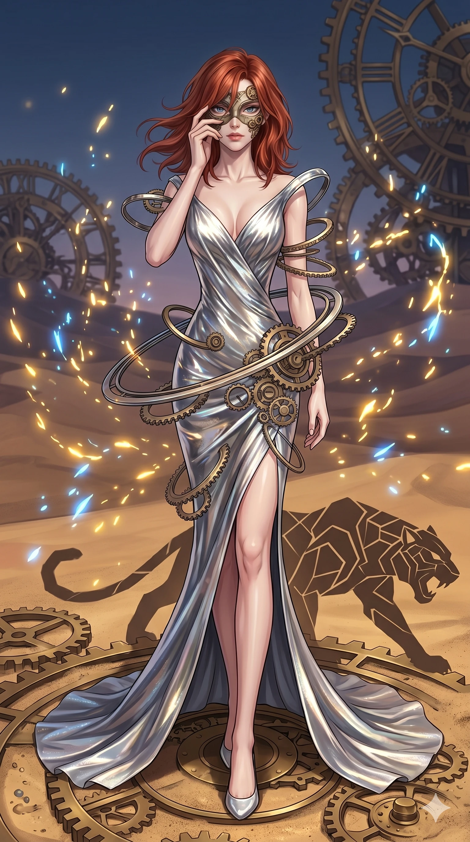 score_9, masterpiece, best quality, ultra-detailed, Set A: High-budget Anime Keyframe, Japanese woman. Low angle cowboy shot filling the entire 9:16 frame with her statuesque presence. Adjusting a mask through a clockwork desert, while her shadow mimics the movements of a predator 245 and surrounded by glowing energy sparks. She has an absolutely perfect 8-heads proportion, an exceptionally tall and slender female figure with impossibly long slender legs and an ultra-slim waist. Sharp v-shaped jawline, high-bridge nose, intricate jewel-like eyes with depth, thick eyelashes, glossy lips with a natural sheen. Wearing Molten silver texture dress with a sharp V-neckline and floating mechanical rings. Cinematic lighting, vibrant colors, dramatic shadows, 2k, ultra detail, master piece, 9:16 ratio