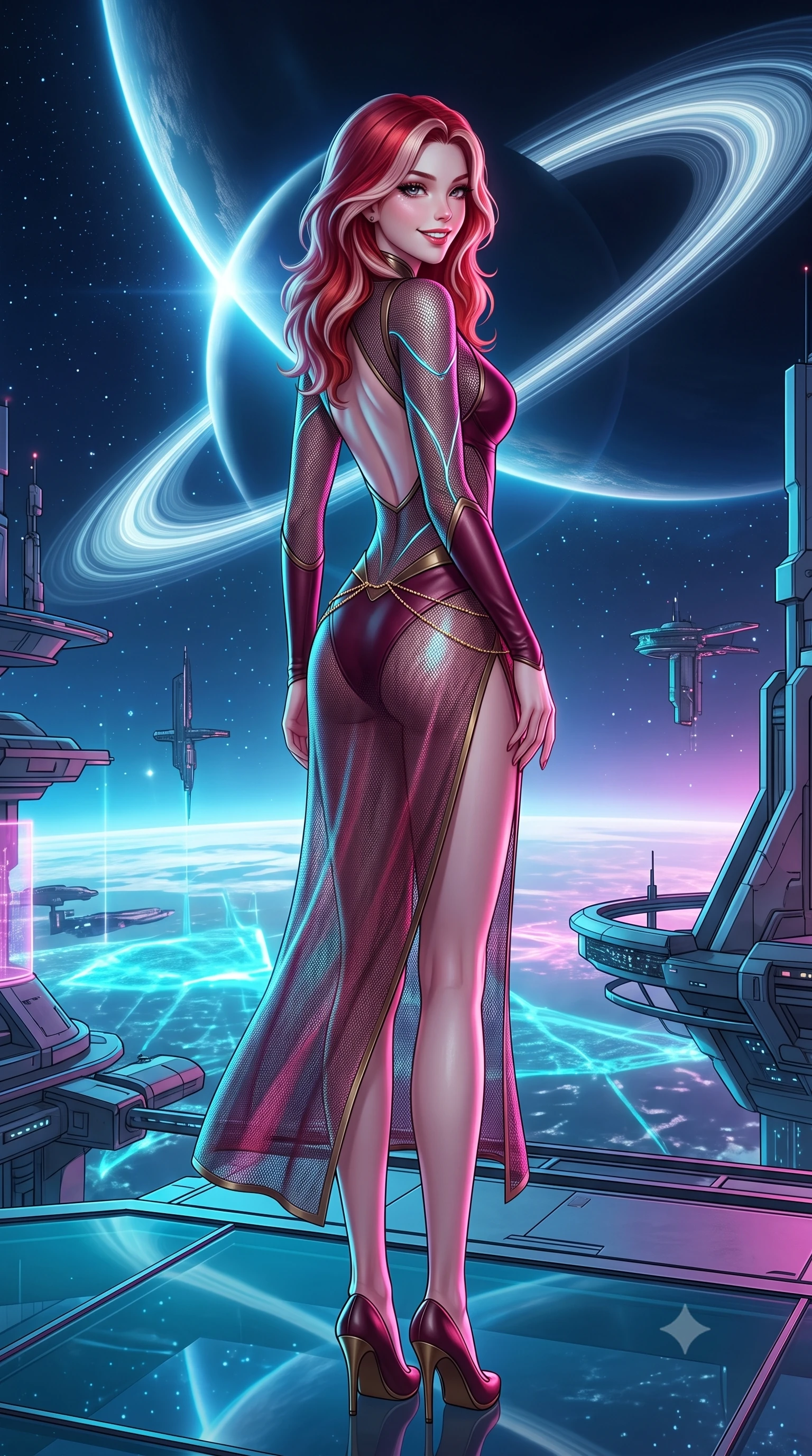 score_9, masterpiece, best quality, ultra-detailed, high-budget anime keyframe, semi-realistic 3D game render, editorial fashion photography, tasteful artistic composition, Caucasian woman. low angle full-body shot from head to toe showing her feet, filling the entire 9:16 vertical frame with her statuesque presence, stretching her vertical silhouette. executing a slow, graceful pivot turn as her skirt sways around her slender legs, glancing back with an enchanting, teasing sensual expression while standing poised at the edge of the floating zero-gravity glass platform, arching her spine with cyber-goddess poise as the colossal illuminated planetary orbital ring arcs across the midnight sky. The surrounding environment is rendered in vivid detail and crisp panoramic clarity: detailed cyber-mesh sheer bodysuit with luminescent holographic fiber piping, and advanced aerospace architecture in razor-sharp precision. She has an exceptionally tall and slender model-like 8.5-heads proportion, an ultra-slim waist, a flat toned midriff, narrow delicate ribcage, and beautifully sculpted feminine hips creating a graceful, slim hourglass silhouette without any bulky heaviness, with impossibly long slender legs. sharp v-shaped jawline, high-bridge nose, intricate jewel-like sparkling eyes with depth, thick eyelashes, glossy parted lips with a natural peach sheen, bright cheerful beaming smile with an enchanting and coquettish sensual glint, exuding both youthful cute charm and seductive allure, flawlessly proportioned anatomical accuracy, strict slender model proportions, natural body alignment, perfectly sculpted long slender limbs, ultra-slim waistline, clean dynamic posture without body distortion. wearing an alluring backless sheer holographic mesh slip dress with high thigh slit clinging smoothly to her dewy skin in French boudoir bordeaux wine and antique brass, woven from buttery-soft stretch lambskin leather adhering to her body like a second skin, accented with a dainty gold belly chain resting across her flat midriff and curving hips, the form-contouring silhouette accentuating her sculpted flat midriff, narrow delicate ribcage, and gracefully curvy hips with intoxicating allure. bathed in the dramatic cyan-and-magenta ambient of holographic sea projections contrasted with cool starlight. highly saturated vibrant anime colors, detailed shading with soft gradients, rich glossy textures, high-contrast stereoscopic depth, volumetric dynamic lighting, master piece, 9:16 ratio