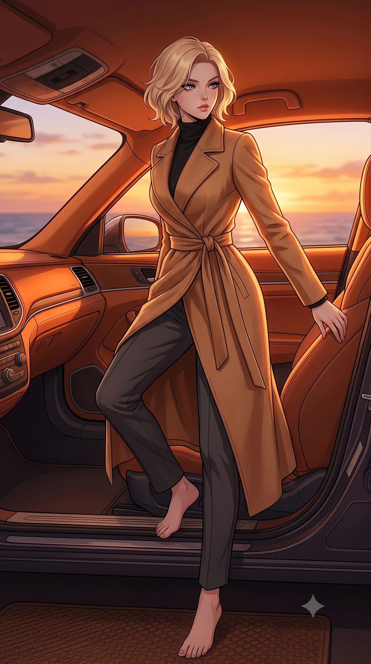 score_9, masterpiece, best quality, ultra-detailed, high-budget anime keyframe, tasteful artistic composition, Caucasian woman. low angle full-body shot from head to toe showing her feet, filling the entire 9:16 vertical frame with her statuesque presence, stretching her vertical silhouette. stepping gracefully while looking back over her shoulder, her dress draped tightly to reveal her silhouette the background shows a soft-focus the passenger seat of a luxury coupe overlooking the ocean horizon at sunset. She has an absolutely perfect, statuesque 8.5-heads proportion, an exceptionally tall and slender model-like female figure with impossibly long slender legs and an ultra-slim waist. sharp v-shaped jawline, high-bridge nose, intricate jewel-like eyes with depth, thick eyelashes, glossy lips with a natural sheen. wearing a slim-fit warm camel-colored wrap coat over a black turtleneck sweater and charcoal slacks. warm sunset light filtering through the window, painting the interior in orange. highly saturated vibrant anime colors, cel-shading, 2d style, master piece, 9:16 ratio