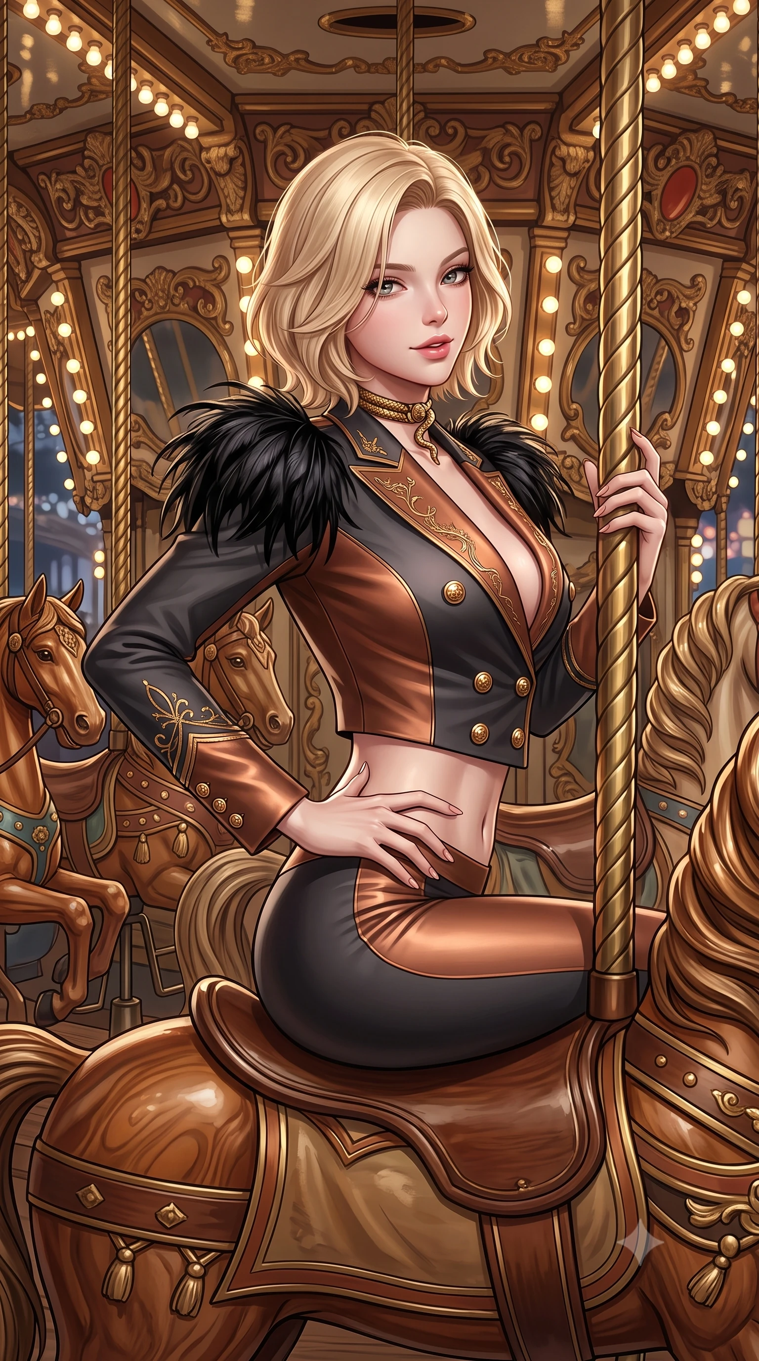 score_9, masterpiece, best quality, ultra-detailed, high-budget anime keyframe, semi-realistic 3D game render, editorial fashion photography, tasteful artistic composition, Caucasian woman. close-up cowboy shot from the waist and thighs up, the character dominates the composition, filling the frame with her large presence. resting one manicured hand delicately on her hip bone, her upper body turning in a fluid, seductive S-curve while parted lips glisten in the light while perching sideways on the saddle of an antique carousel horse, looking back over a bare shoulder with an intoxicating, teasing smile. The surrounding environment is rendered in vivid detail and crisp panoramic clarity. detailed theatrical costume embroidery, brass button sheen, and polished wood grain in high resolution. She has an exceptionally elegant, slender, and willowy female figure with an ultra-slim waist, a gracefully sculpted slender torso, toned flat midriff, and rounded feminine hips creating an alluring hourglass silhouette. sharp v-shaped jawline, high-bridge nose, intricate jewel-like eyes with depth, thick eyelashes, glossy parted lips with a natural sheen, intensely captivating and seductive bedroom-eyes expression, flawlessly proportioned anatomical accuracy, strict slender model proportions, natural body alignment, perfectly sculpted long slender limbs, ultra-slim waistline, clean dynamic posture without body distortion. wearing a strappy circus performer monokini layered under an open tailored double-breasted cropped blazer in dark smoky charcoal and metallic copper, made of flexible compression spandex sculpting her athletic hourglass lines, complemented by dramatic black ostrich shoulder epaulets and a gold serpent choker, the form-contouring material adhering flawlessly to her sculpted flat midriff and slender torso, emphasizing her long leg lines and perfectly proportioned willowy build. surrounded by an eccentric, spellbinding, and dangerously seductive circus queen aura. highly saturated vibrant anime colors, detailed shading with soft gradients, rich glossy textures, high-contrast stereoscopic depth, volumetric dynamic lighting, master piece, 9:16 ratio