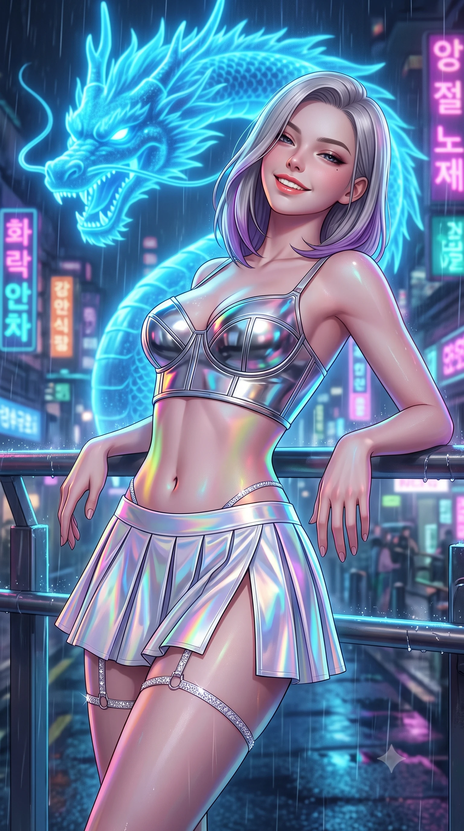 score_9, masterpiece, best quality, ultra-detailed, high-budget anime keyframe, semi-realistic 3D game render, editorial fashion photography, tasteful artistic composition, Caucasian woman. close-up cowboy shot from the waist and thighs up, the character dominates the composition, filling the frame with her large presence. leaning back against the balustrade with relaxed seductive grace, head tilted back slightly while casting a hypnotic, heavy-lidded gaze while twisting her slender torso in an alluring contrapposto stance, multicolored neon Hangul typography reflecting across her narrow waist and curvy hips. The background shows a soft-focus fine mist of neon-lit rain droplets softened in Neo-Seoul cyberpunk plaza shallow focus. She has an exceptionally elegant, slender, and willowy female figure with an ultra-slim waist, flat toned midriff, narrow ribcage, and sculpted feminine hips creating an alluring, slim hourglass silhouette without bulk. sharp v-shaped jawline, high-bridge nose, intricate jewel-like sparkling eyes with depth, thick eyelashes, glossy parted lips with a natural peach sheen, bright cheerful beaming smile with an enchanting and coquettish sensual glint, exuding both youthful cute charm and seductive allure, flawlessly proportioned anatomical accuracy, strict slender model proportions, natural body alignment, perfectly sculpted long slender limbs, ultra-slim waistline, clean dynamic posture without body distortion. wearing a chrome-plated structured underwire bustier top paired with an ultra-short low-rise pleated micro mini skirt in holographic prismatic pearl and titanium white, crafted from bespoke double-faced cashmere with an exceptionally soft tactile finish, finished with delicate crystal-encrusted thigh garter straps glinting in the dim light, the high-slit wrap tailoring accentuating her ultra-slim waistline and the enchanting curve of her feminine hips with alluring seductive charm. bathed in the glowing azure radiance of the monumental holographic dragon mixed with neon street reflections. highly saturated vibrant anime colors, detailed shading with soft gradients, rich glossy textures, high-contrast stereoscopic depth, volumetric dynamic lighting, master piece, 9:16 ratio