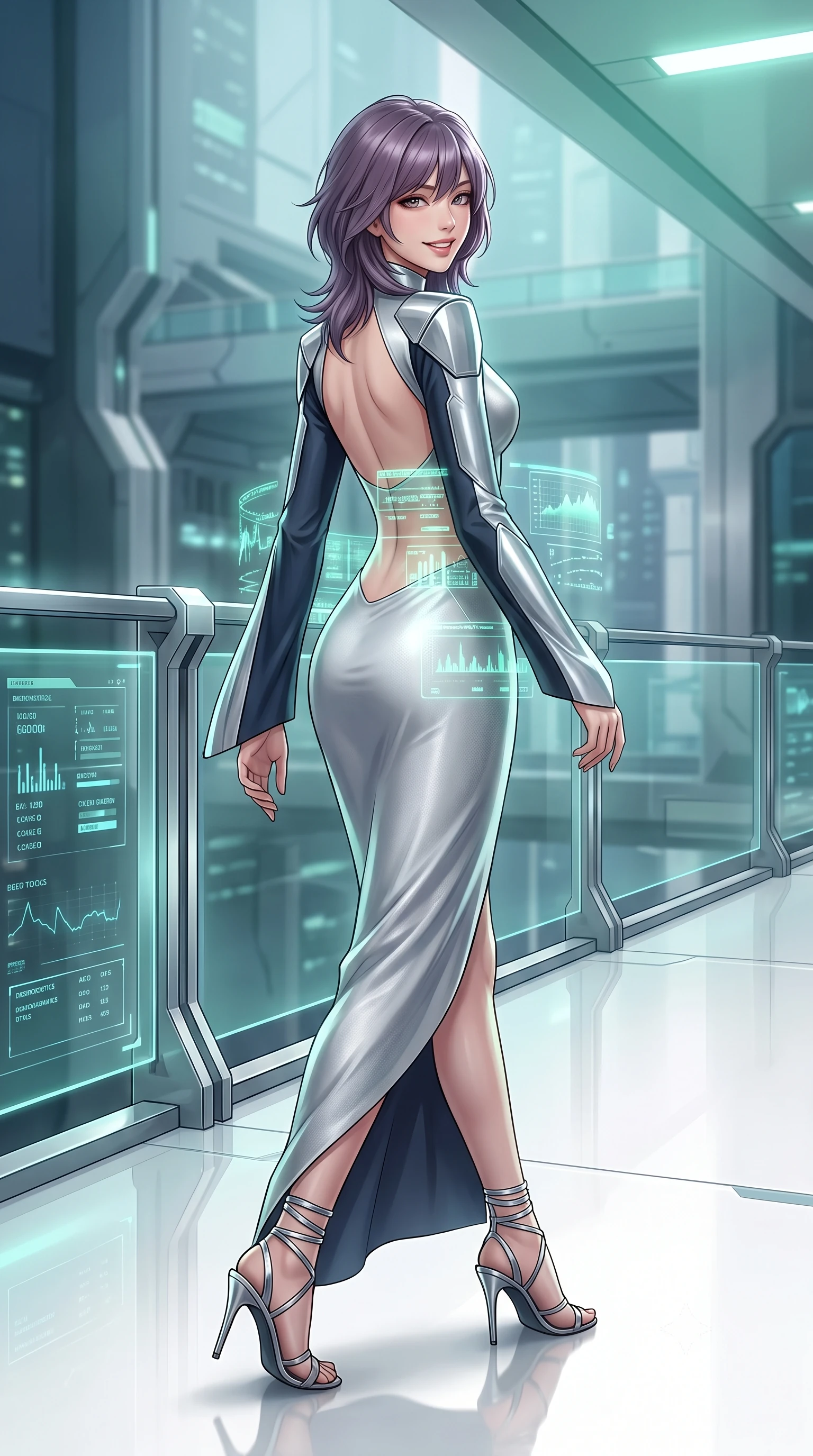 score_9, masterpiece, best quality, ultra-detailed, high-budget anime keyframe, semi-realistic 3D game render, editorial fashion photography, tasteful artistic composition, Japanese woman. low angle full-body shot from head to toe showing her feet, filling the entire 9:16 vertical frame with her statuesque presence, stretching her vertical silhouette. walking along the terrace with poise, looking back over her bare shoulder with an irresistible smoldering bedroom-gaze while twisting her slender torso in an alluring S-curve, soft mint-green neurological telemetry streams projecting holographic charts across her flat midriff and hips. The surrounding environment is rendered in vivid detail and crisp panoramic clarity: sharp brushed chrome robotic joint textures, flawless white resin floor reflections, and crisp diagnostic vitals readouts in deep focus. She has an exceptionally tall and slender model-like 8.5-heads proportion, an ultra-slim waist, a flat toned midriff, narrow delicate ribcage, and beautifully sculpted feminine hips creating a graceful, slim hourglass silhouette without any bulky heaviness, with impossibly long slender legs. sharp v-shaped jawline, high-bridge nose, intricate jewel-like sparkling eyes with depth, thick eyelashes, glossy parted lips with a natural peach sheen, bright cheerful beaming smile with an enchanting and coquettish sensual glint, exuding both youthful cute charm and seductive allure, flawlessly proportioned anatomical accuracy, strict slender model proportions, natural body alignment, perfectly sculpted long slender limbs, ultra-slim waistline, clean dynamic posture without body distortion. wearing an elegant high-neck diplomatic sci-fi gown made of bioluminescent silver silk with structured geometric shoulder plates and long flowing sleeves in tactical carbon navy and polished chrome, tailored from high-density tech-wool with subtle metallic thread weave, complemented by strappy stiletto sandals with metallic ankle wraps accentuating her slender calves, the impeccably tailored cut draping gracefully along her slender figure with aristocratic poise. bathed in pristine 6000K clinical white light combined with soft emerald holographic ambient glow. highly saturated vibrant anime colors, detailed shading with soft gradients, rich glossy textures, high-contrast stereoscopic depth, volumetric dynamic lighting, master piece, 9:16 ratio