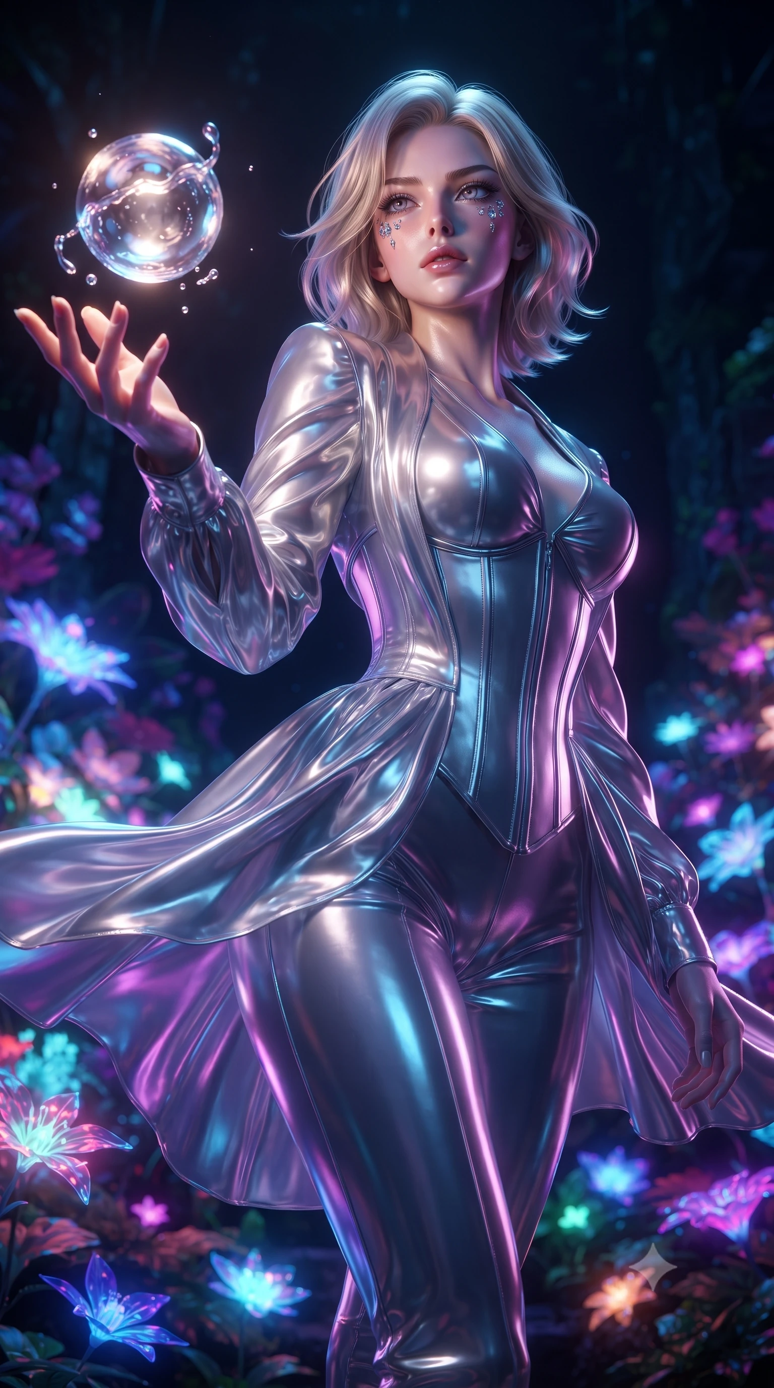 score_9, masterpiece, best quality, ultra-detailed, High-budget Anime Keyframe, editorial fashion photography, tasteful artistic composition, realistic cosplay photography, Caucasian woman, strictly human ears. Low angle cowboy shot filling the entire 9:16 frame with her statuesque presence. Scenario 475: reaching out to catch a floating sphere of liquid light in a virtual garden where neon flowers bloom in the dark. Her presence is magnetic and overpowering in this high-budget cinematic scene. Outfit 475: a form-contouring liquid silver shimmering chiffon jacket layered over a structured corset bodice. The clothing is designed to emphasize her exceptionally tall and slender 8-heads proportion. 8-heads proportion, towering silhouette, ultra-slim waist. sharp v-shaped jawline, intricate jewel-like eyes with depth, thick eyelashes, glossy lips. ultra-reflective glossy finish, specular highlights, metallic sheen, high-contrast stereoscopic depth, volumetric dynamic lighting, 2k, ultra detail, master piece, 9:16 ratio