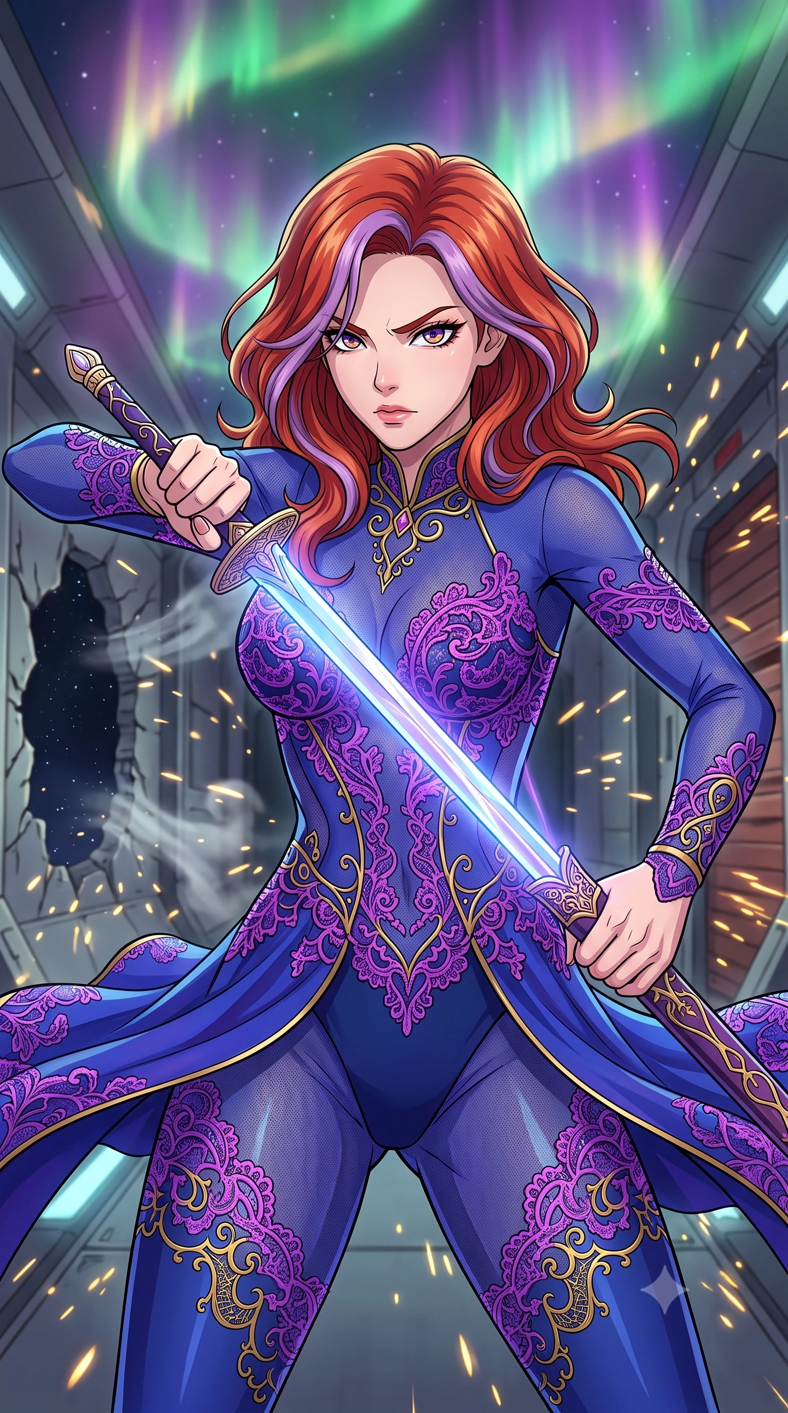 score_9, masterpiece, best quality, ultra-detailed, high-budget anime keyframe, clean line-art, cel-shading, Caucasian woman, strictly human ears. close-up cowboy shot from the waist and thighs up, the character dominates the composition, filling the frame with her large presence, background elements kept in soft focus. Drawing a glowing sword with fierce determination and a sharp sidelong glare. set against a soft-focus background of a corridor of a space station with a punctured hull, air venting into space and emergency shutters sliding down in a flurry of sparks. She has an exceptionally elegant and slender, willowy female figure with an ultra-slim waist, a gracefully sculpted slender torso, and a refined slim physique. sharp v-shaped jawline, high-bridge nose, intricate jewel-like eyes with depth, thick eyelashes, glossy lips with a natural sheen. wearing the lightweight fabric rippling and billowing dramatically with her movement, a tailored see-through mesh catsuit in royal blue, detailed with vibrant violet lace applique over a matching blue underlayer. illuminated by a shifting aurora palette of green violet and gold from above. highly saturated vibrant anime colors, intense vivid color palette, volumetric dynamic lighting, 2k, ultra detail, master piece, 9:16 ratio