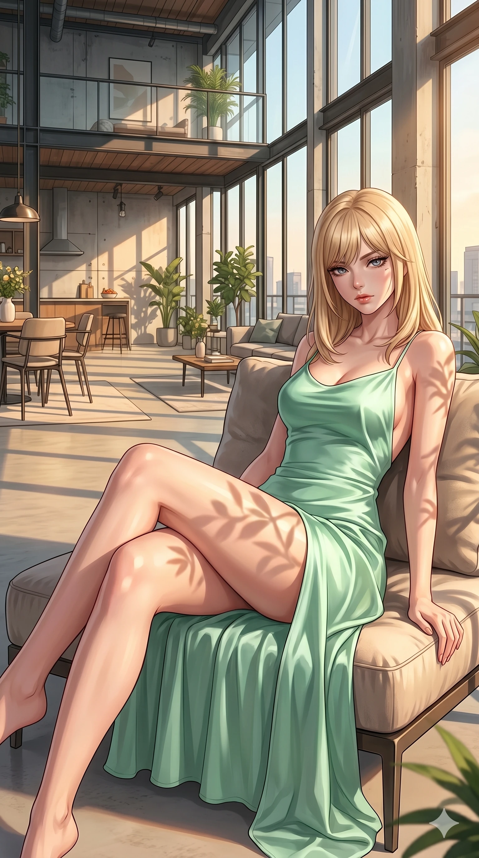 score_9, masterpiece, best quality, ultra-detailed, high-budget anime keyframe, editorial fashion photography, tasteful artistic composition, Japanese woman. cowboy shot from the thighs up, character and outfit filling the frame for maximum editorial presence. looking down at the viewer with a haughty, composed and cool expression, her shoulders relaxed inside an airy loft living room with floor-to-ceiling glass walls letting in warm golden hour light (Code-P097). She has an absolutely perfect 8-heads proportion, an exceptionally tall and slender female figure with impossibly long slender legs and an ultra-slim waist. V-shaped jawline, high-bridge nose, intricate jewel-like eyes with depth, thick eyelashes, glossy lips with a natural sheen. wearing a mint green silk slip dress with an open-back design and a high front slit. bathed in warm, golden afternoon sunbeams casting soft organic shadows of leaves on her skin. 2k, ultra detail, master piece, 9:16 ratio