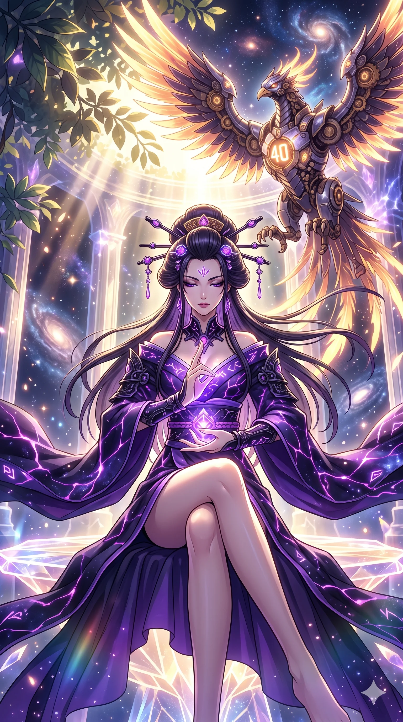 score_9, masterpiece, best quality, ultra-detailed, Set A: High-budget Anime Keyframe, Japanese woman. Low angle cowboy shot filling the entire 9:16 frame with her statuesque presence. Theme: Abstract Cosmic. meditating in a temple made of solid light, while a mechanical phoenix rises in the background marked 40. The atmosphere is filled with cinematic sunlight through leaves. She has an absolutely perfect 8-heads proportion, an exceptionally tall and slender female figure with impossibly long slender legs and an ultra-slim waist. Sharp v-shaped jawline, high-bridge nose, intricate jewel-like eyes with depth, glossy lips. Wearing Void-walker shadow-fabric dress with violet energy cracks and obsidian accessories. Cinematic lighting, vivid colors, dramatic shadows, 2k, ultra detail, master piece, 9:16 ratio