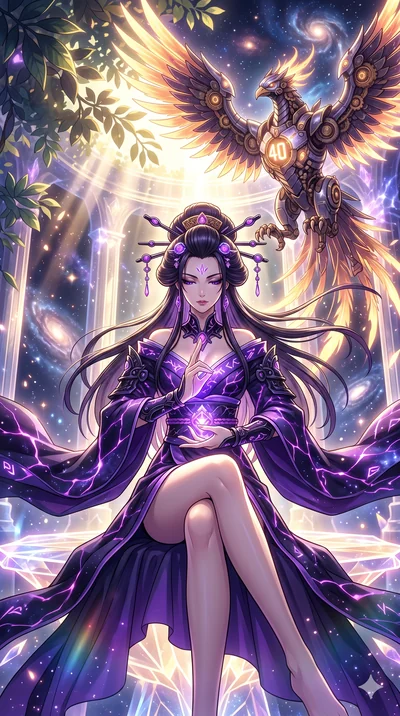 score_9, masterpiece, best quality, ultra-detailed, Set A: High-budget Anime Keyframe, Japanese woman. Low angle cowboy shot filling the entire 9:16 frame with her statuesque presence. Theme: Abstract Cosmic. meditating in a temple made of solid ligh