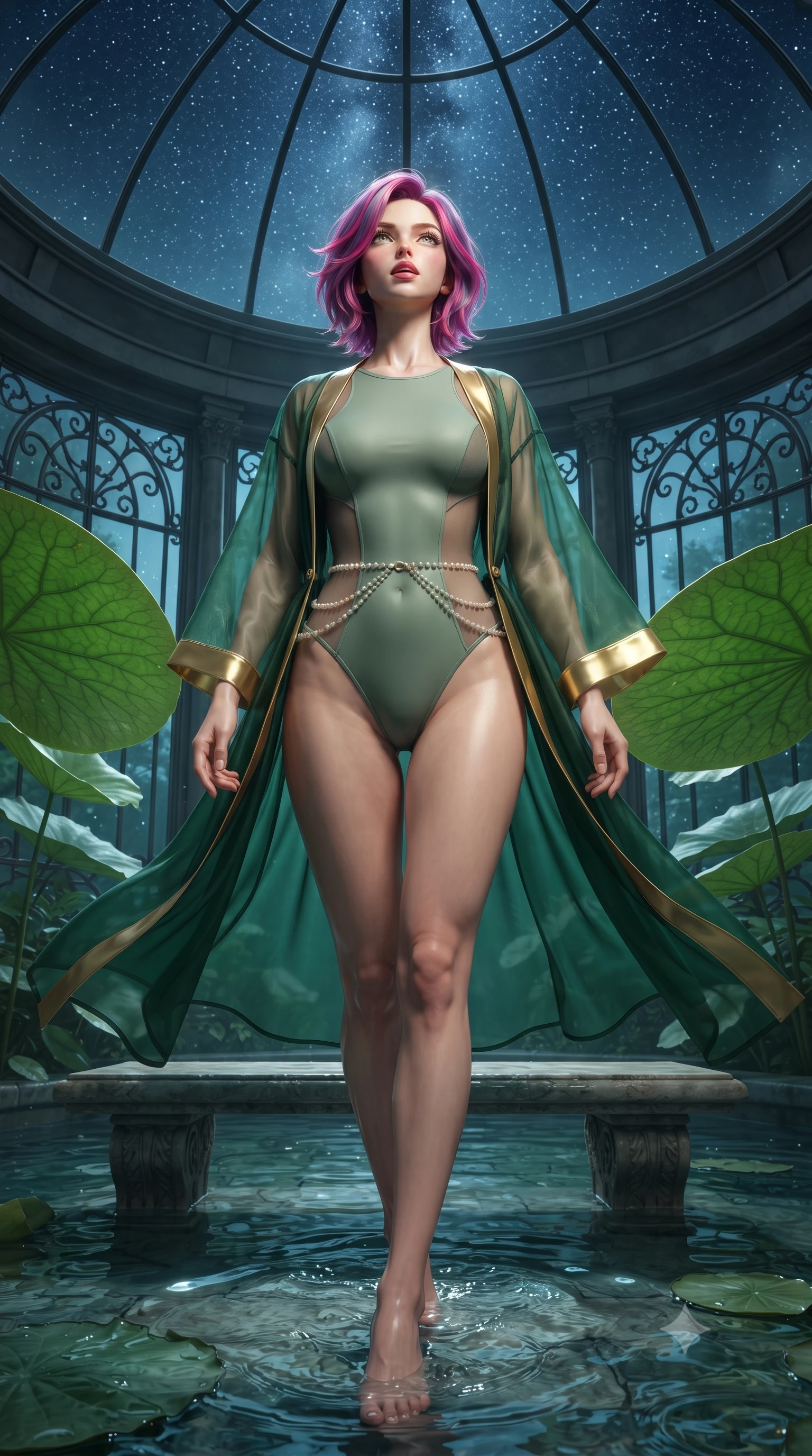 score_9, masterpiece, best quality, ultra-detailed, high-budget anime keyframe, editorial fashion photography, tasteful artistic composition, Caucasian woman. low angle full-body shot from head to toe showing her feet, filling the entire 9:16 vertical frame with her statuesque presence, stretching her vertical silhouette. striding forward in a proud supermodel runway stride, hips swaying in an alluring kinetic rhythm that accentuates her curvy hourglass silhouette while resting on a submerged stone bench as warm water laps at her waist, head tilted back toward the starry glass dome with parted lips. The surrounding environment is rendered in vivid detail and crisp panoramic clarity. sharp water surface tension rings, giant lily pad vein textures, and wrought-iron window frames in deep focus. She has an absolutely perfect, statuesque 8.5-heads proportion, an exceptionally tall and slender model-like female figure with impossibly long slender legs, a toned flat midriff, an ultra-slim waist, and beautifully sculpted feminine hips. sharp v-shaped jawline, high-bridge nose, intricate jewel-like eyes with depth, thick eyelashes, glossy parted lips with a natural sheen, intensely captivating and seductive bedroom-eyes expression, flawlessly proportioned anatomical accuracy, strict slender model proportions, natural body alignment, perfectly sculpted long slender limbs, ultra-slim waistline, clean dynamic posture without body distortion. wearing a second-skin sage-green compression bodysuit with sheer mesh side contours and an airy resort robe in deep emerald green and polished brass gold, crafted from weightless prism organza that refracts light with every motion, accented with dainty pearl waist chains framing her sun-kissed midriff, the precision-cut side openings and low-back scoop framing her graceful spine and the sensual sweep of her hips. surrounded by an otherworldly, sensual, and exquisitely pure water-lily nymph aura. ultra-reflective glossy finish, specular highlights, rich textural contrasts, high-contrast stereoscopic depth, volumetric dynamic lighting, 2k, ultra detail, master piece, 9:16 ratio