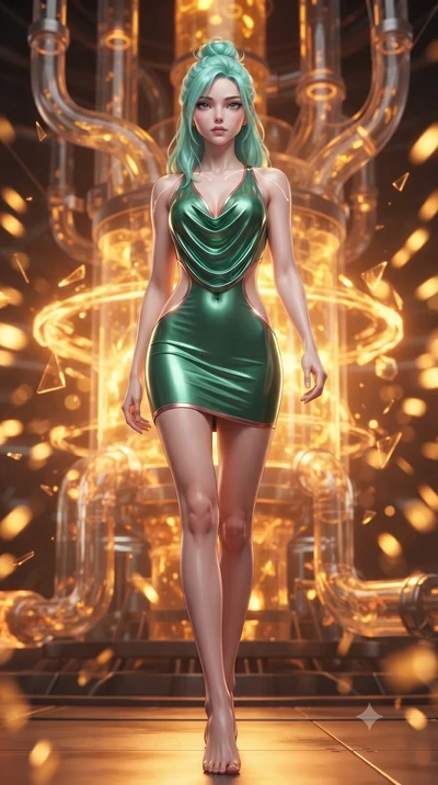 score_9, masterpiece, best quality, ultra-detailed, high-budget anime keyframe, editorial fashion photography, tasteful artistic composition, Japanese woman. low angle full-body shot from head to toe showing her feet, filling the entire 9:16 vertical