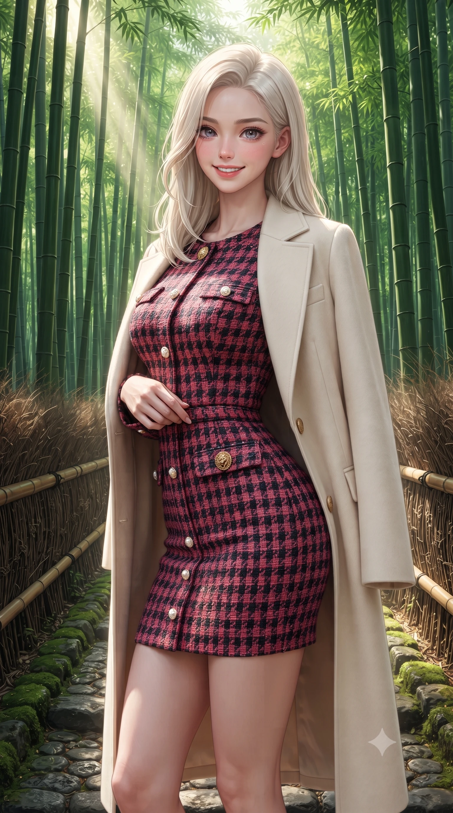score_9, masterpiece, best quality, ultra-detailed, high-budget anime keyframe, editorial fashion photography, tasteful artistic composition, Caucasian woman. close-up cowboy shot from the waist and thighs up, the character dominates the composition, filling the frame with her large presence. standing poised with hips cocked slightly to the side, one hand tracing her cinched waistline while casting an affectionate warm glance while stepping gracefully along the moss-bordered stone path, her minimalist tailored coat creating a striking, slender vertical line. The surrounding environment is rendered in vivid detail and crisp panoramic clarity: sharp vertical ridges on bamboo stalks, textured cobblestones on forest path, and woven bamboo railing cordage in deep focus. She has an exceptionally elegant, slender, and willowy female figure with an ultra-slim waist, flat toned midriff, narrow ribcage, and sculpted feminine hips creating an alluring, slim hourglass silhouette without bulk. sharp v-shaped jawline, high-bridge nose, intricate jewel-like sparkling eyes with depth, thick eyelashes, glossy parted lips with a natural peach sheen, bright cheerful beaming smile with an enchanting and coquettish sensual glint, exuding both youthful cute charm and seductive allure, flawlessly proportioned anatomical accuracy, strict slender model proportions, natural body alignment, perfectly sculpted long slender limbs, ultra-slim waistline, clean dynamic posture without body distortion. wearing a form-contouring pastel bouclé tweed bodycon mini dress with structured waist darts and decorative pearl buttons in Kyoto autumn maple crimson and deep ink black, made of high-gauge compact silk knit that hugs her curves with seamless sculpted precision, accented with an ornate 24k gold lion-embossed crest button along the snug front closure, the second-skin tailored fabric adhering flawlessly to her sculpted flat midriff and slender torso, emphasizing her long leg lines and perfectly proportioned willowy build. bathed in ethereal shafts of morning sunlight (komorebi) piercing through dense emerald bamboo canopies. ultra-reflective glossy finish, specular highlights, rich textural contrasts, high-contrast stereoscopic depth, volumetric dynamic lighting, 2k, ultra detail, master piece, 9:16 ratio
