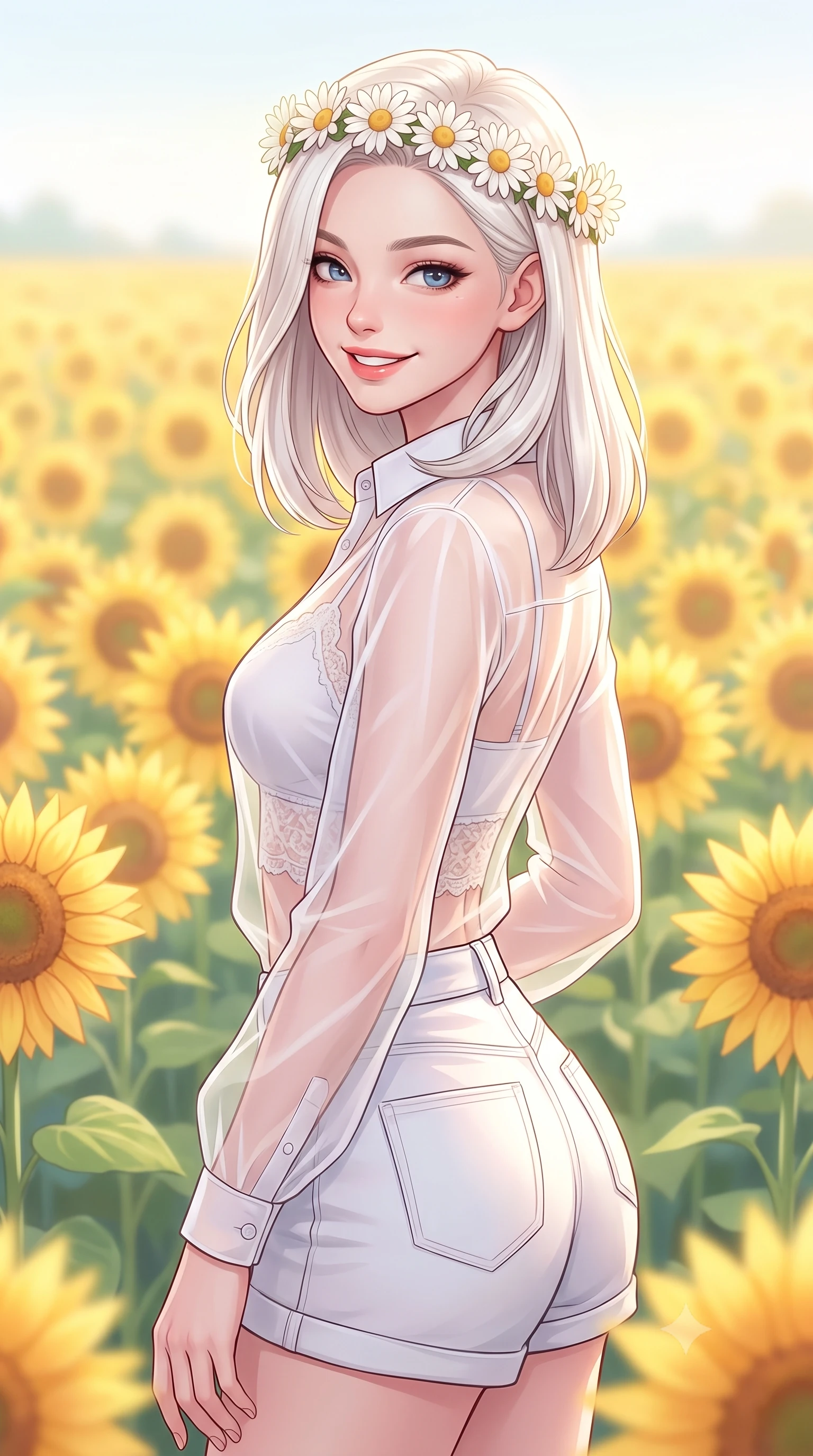score_9, masterpiece, best quality, ultra-detailed, high-budget anime keyframe, editorial fashion photography, tasteful artistic composition, Caucasian woman. close-up cowboy shot from the waist and thighs up, the character dominates the composition, filling the frame with her large presence, background elements kept in soft focus. smiling with a playful and cute half-smile, glancing sidelong over her shoulder set against a soft-focus background of in the middle of a vast, sunny field filled with bright yellow sunflowers holding a delicate crown of daisies on her head, smiling cutely. She has an exceptionally elegant, slender, and willowy female figure with an ultra-slim waist, a gracefully sculpted slender torso, and a refined silhouette. sharp v-shaped jawline, high-bridge nose, intricate jewel-like eyes with depth, thick eyelashes, glossy lips with a natural sheen. wearing form-contouring sheer organza button-up shirt worn over a lace-accented crop top and high-waist mini shorts. soft diffused daylight creating a dreamy, pastel-colored country glow. highly saturated vibrant anime colors, detailed shading with soft gradients, rich glossy textures, high-contrast stereoscopic depth, volumetric dynamic lighting, master piece, 9:16 ratio