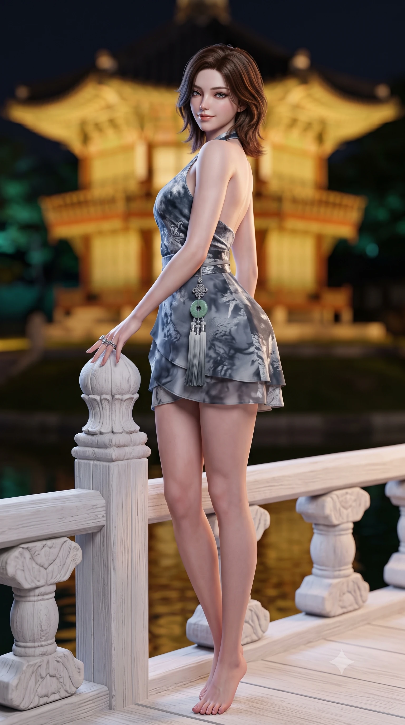 score_9, masterpiece, best quality, ultra-detailed, high-budget anime keyframe, semi-realistic 3D game render, editorial fashion photography, tasteful artistic composition, Korean woman. low angle full-body shot from head to toe showing her feet, filling the entire 9:16 vertical frame with her statuesque presence, stretching her vertical silhouette. standing in a tall, confident posture with one hand on the carved palace railing, stretching her statuesque body as she arches her lower back to emphasize her sculpted feminine hips and slender waist while leaning against the carved white wooden bridge railing with hips cocked back, looking over her shoulder with an alluring, moonlit smile. The background shows a soft-focus the two-story hexagonal Hyangwonjeong pavilion illuminated in warm gold across still pond waters blurred into gold, jade, and dark obsidian bokeh. She has an absolutely perfect, statuesque 8.5-heads proportion, an exceptionally tall and slender model-like female figure with impossibly long slender legs, an ultra-slim waist, a flat toned midriff, narrow delicate ribcage, and beautifully sculpted feminine hips creating a graceful, slim hourglass silhouette without any bulky heaviness. sharp v-shaped jawline, high-bridge nose, intricate jewel-like dark sparkling almond eyes with depth, thick lashes, glossy parted lips with a natural rose-plum sheen, bright alluring and coquettish smile with bedroom-eyes, exuding both timeless oriental elegance and sovereign high-fashion allure, flawlessly proportioned anatomical accuracy, strict slender model proportions, natural body alignment, perfectly sculpted long slender limbs, ultra-slim waistline, clean dynamic posture without body distortion. wearing a modern halter-neck fusion hanbok bodice with delicate silver embroidery and a fluttering layered chiffon wrap mini skirt in misty ink-wash slate grey and liquid silver, crafted from sumptuous crushed winter velvet with deep light-absorbing plushness, finished with an ornate modern norigae tassel with polished jade and chrome charms resting on her curvy hips, the form-contouring cut accentuating her sculpted flat midriff, narrow delicate ribcage, and gracefully curvy hips with regal oriental supermodel elegance. bathed in soft architectural spotlights illuminating the historic royal pavilion and dark waters. highly saturated vibrant anime colors, detailed shading with soft gradients, rich glossy textures, high-contrast stereoscopic depth, volumetric dynamic lighting, master piece, 9:16 ratio