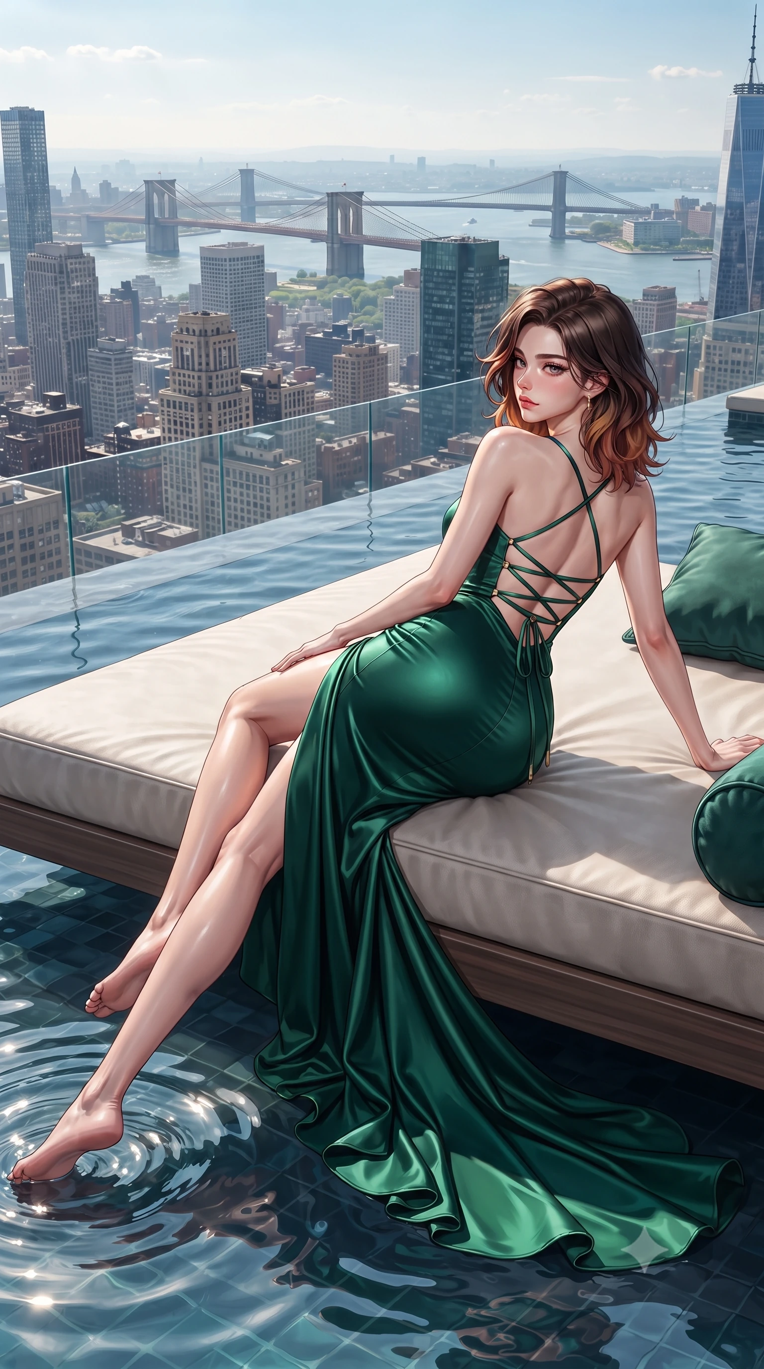 score_9, masterpiece, best quality, ultra-detailed, high-budget anime keyframe, editorial fashion photography, tasteful artistic composition, Korean woman. low angle full-body shot from head to toe showing her feet, filling the entire 9:16 vertical frame with her statuesque presence, stretching her vertical silhouette. striding forward in a proud supermodel runway stride, hips swaying in an alluring kinetic rhythm that accentuates her curvy hourglass silhouette while reclining on her side across a floating velvet infinity daybed, one leg extended and torso propped on one elbow to accentuate the sweeping line of her curvy hips. The surrounding environment is rendered in vivid detail and crisp panoramic clarity. detailed skyscraper skyline panoramas, distant suspension bridges, and pool water ripples in high resolution. She has an absolutely perfect, statuesque 8.5-heads proportion, an exceptionally tall and slender model-like female figure with impossibly long slender legs, a toned flat midriff, an ultra-slim waist, and beautifully sculpted feminine hips. sharp v-shaped jawline, high-bridge nose, intricate jewel-like eyes with depth, thick eyelashes, glossy parted lips with a natural sheen, intensely captivating and seductive bedroom-eyes expression, flawlessly proportioned anatomical accuracy, strict slender model proportions, natural body alignment, perfectly sculpted long slender limbs, ultra-slim waistline, clean dynamic posture without body distortion. wearing an open-back duchess satin gala gown with a dramatic hip-hugging drape and cascading trailing hem in deep emerald green satin and gold hardware, tailored from liquid silk jersey adhering flawlessly to her slender build, featuring an open-back criss-cross satin lacing highlighting her graceful shoulder blades, the glove-like aerodynamic silhouette tightly following the natural contour of her hips and long slender legs with statuesque precision. surrounded by a cosmopolitan, elite, and intensely magnetic modern royalty aura. ultra-reflective glossy finish, specular highlights, rich textural contrasts, high-contrast stereoscopic depth, volumetric dynamic lighting, 2k, ultra detail, master piece, 9:16 ratio