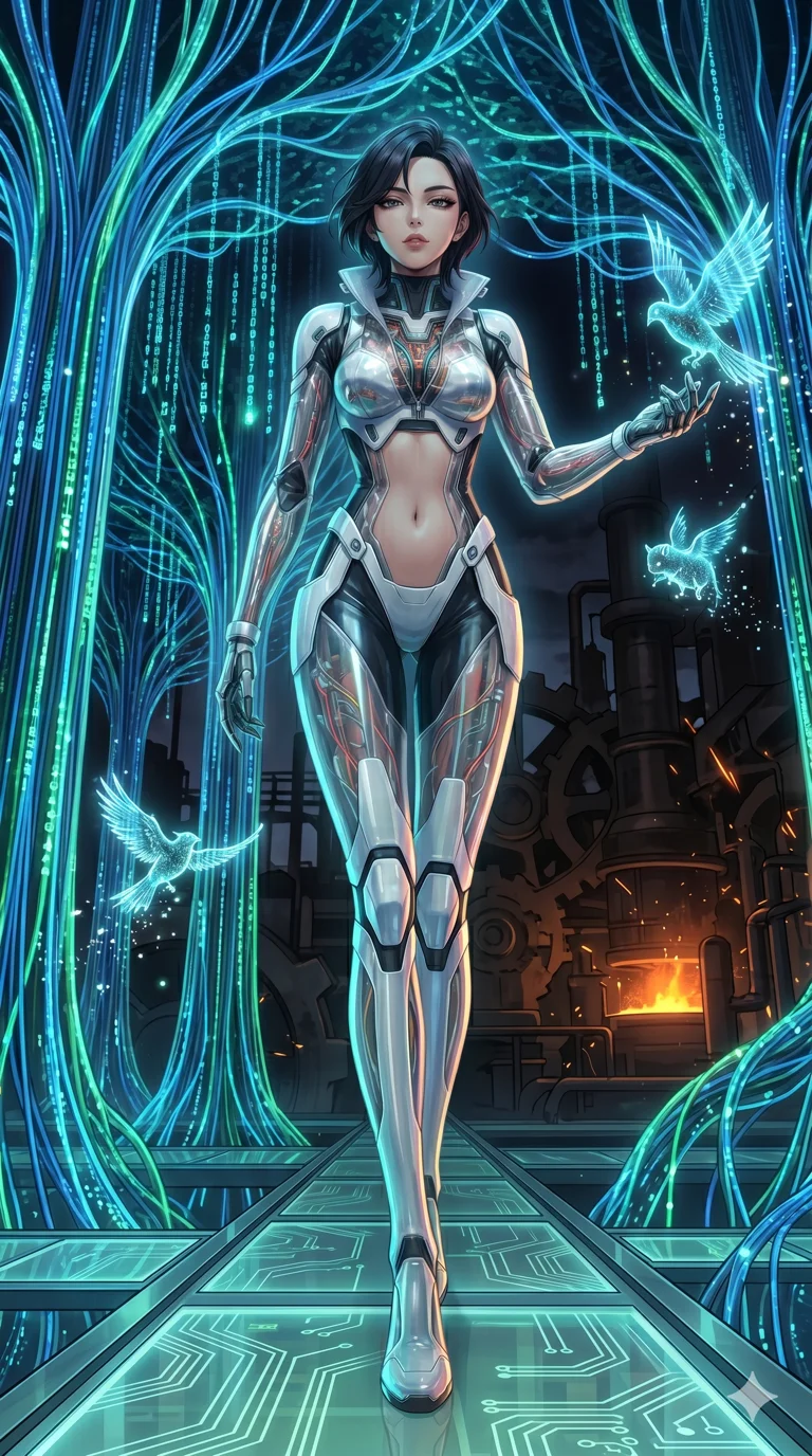score_9, masterpiece, best quality, ultra-detailed, High-budget Anime Keyframe, vibrant colors, fluid line-art, expressive lighting, cinematic composition, Ufotable-style visual effects, top-tier animation quality, Korean woman with idol-like refined features. Dynamic full-body shot stretching the vertical silhouette, capturing her from a powerful low-angle perspective. Walking through a futuristic digital forest where the trees are made of fiber-optics and glowing data streams, interacting with bioluminescent wildlife. She has an absolutely perfect 8-heads proportion, an exceptionally tall and slender female figure with impossibly long slender legs and an ultra-slim waist, her statuesque height and towering silhouette dominating the vertical 9:16 frame. Her face is a masterpiece featuring a sharp v-shaped jawline, high-bridge nose, intricate jewel-like eyes with depth, thick eyelashes, and glossy lips with a natural sheen. She is wearing a Futuristic pilot suit with an exposed midriff and a high-cut structural frame crafted from Transparent PVC with a high-gloss finish that reveals the intricate layers beneath, unzipped deeply to reveal a daring glimpse of her chest and a high-cut leg line. The scene is set in a gritty industrial factory with glowing molten metal, flying sparks, and deep shadows, illuminated by soft bioluminescent glow from the environment casting ethereal colors on her skin. 2k, ultra detail, master piece, 9:16 ratio