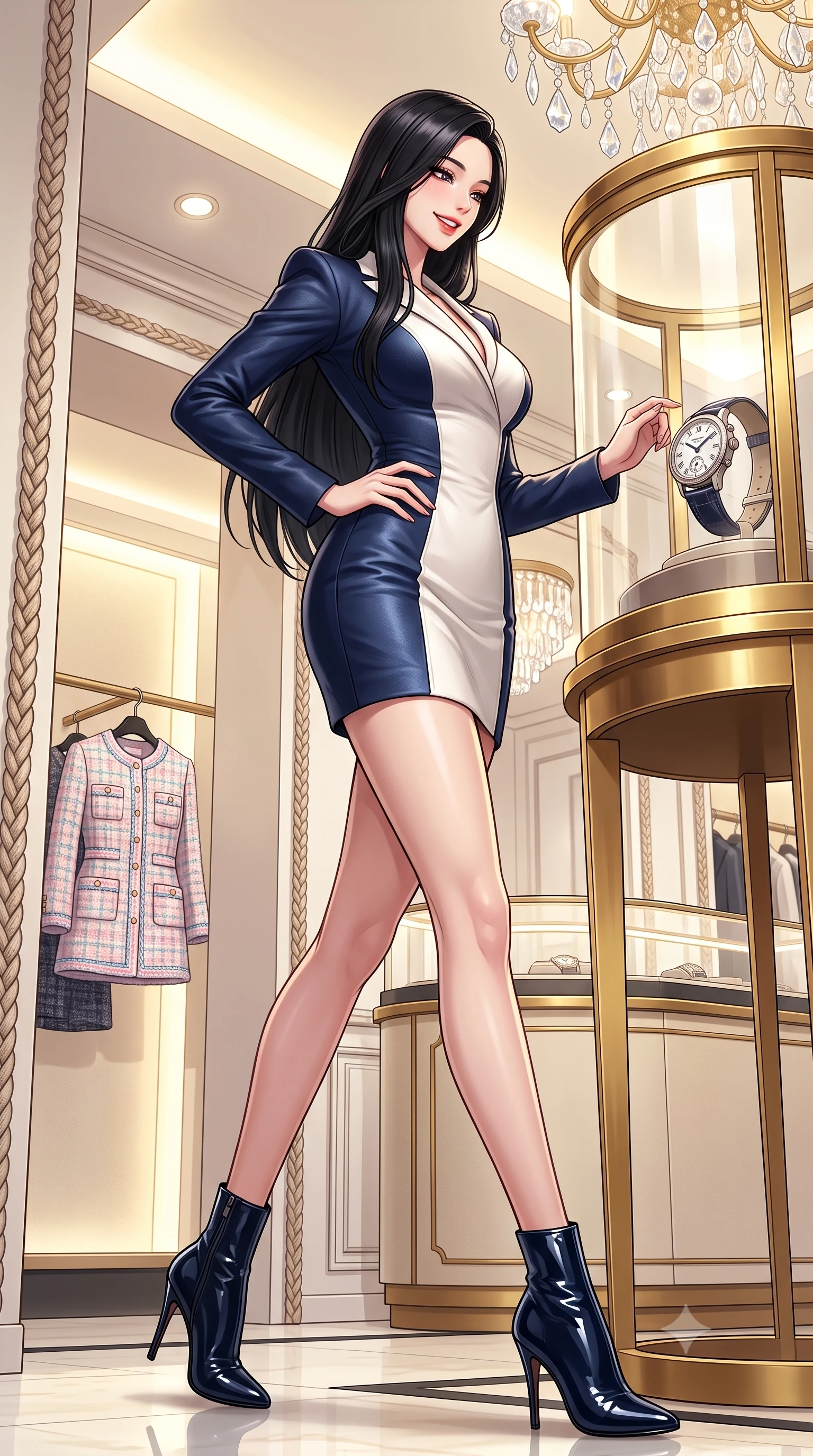 score_9, masterpiece, best quality, ultra-detailed, high-budget anime keyframe, semi-realistic 3D game render, editorial fashion photography, tasteful artistic composition, Korean woman. low angle full-body shot from head to toe showing her feet, filling the entire 9:16 vertical frame with her statuesque presence, stretching her vertical silhouette. walking briskly with tall supermodel strides, one hand placed on her narrow hip, her impossibly long slender legs commanding the frame while leaning gracefully against the curved gilded vitrine examining a luxury timepiece, her posture straight and commanding with aristocratic cool. The surrounding environment is rendered in vivid detail and crisp panoramic clarity: detailed Chanel-inspired pastel tweed jacket weave, braided trim borders, and premier Parisian interior architecture in razor-sharp precision. She has an exceptionally tall and slender model-like 8.5-heads proportion, an ultra-slim waist, a flat toned midriff, narrow delicate ribcage, and beautifully sculpted feminine hips creating a graceful, slim hourglass silhouette without any bulky heaviness, with impossibly long slender legs. sharp v-shaped jawline, high-bridge nose, intricate jewel-like sparkling eyes with depth, thick eyelashes, glossy parted lips with a natural peach sheen, bright cheerful beaming smile with an enchanting and coquettish sensual glint, exuding both youthful cute charm and seductive allure, flawlessly proportioned anatomical accuracy, strict slender model proportions, natural body alignment, perfectly sculpted long slender limbs, ultra-slim waistline, clean dynamic posture without body distortion. wearing a bespoke hourglass-tailored wool blazer dress with structured shoulders and a deeply cinched belt, highlighting her sculpted feminine hips in French navy blue and crisp alabaster white, crafted from buttery-soft stretch lambskin leather adhering to her body like a second skin, complemented by sleek patent leather stiletto ankle boots accentuating her long slender calves, the liquid-tight tailored fabric clinging flawlessly to her narrow waist and rounded feminine hips, emphasizing every millimeter of her sculpted slim hourglass curves without any bulky heaviness. bathed in brilliant 3500K warm-white cove illumination and glittering multi-faceted crystal chandelier reflections. highly saturated vibrant anime colors, detailed shading with soft gradients, rich glossy textures, high-contrast stereoscopic depth, volumetric dynamic lighting, master piece, 9:16 ratio