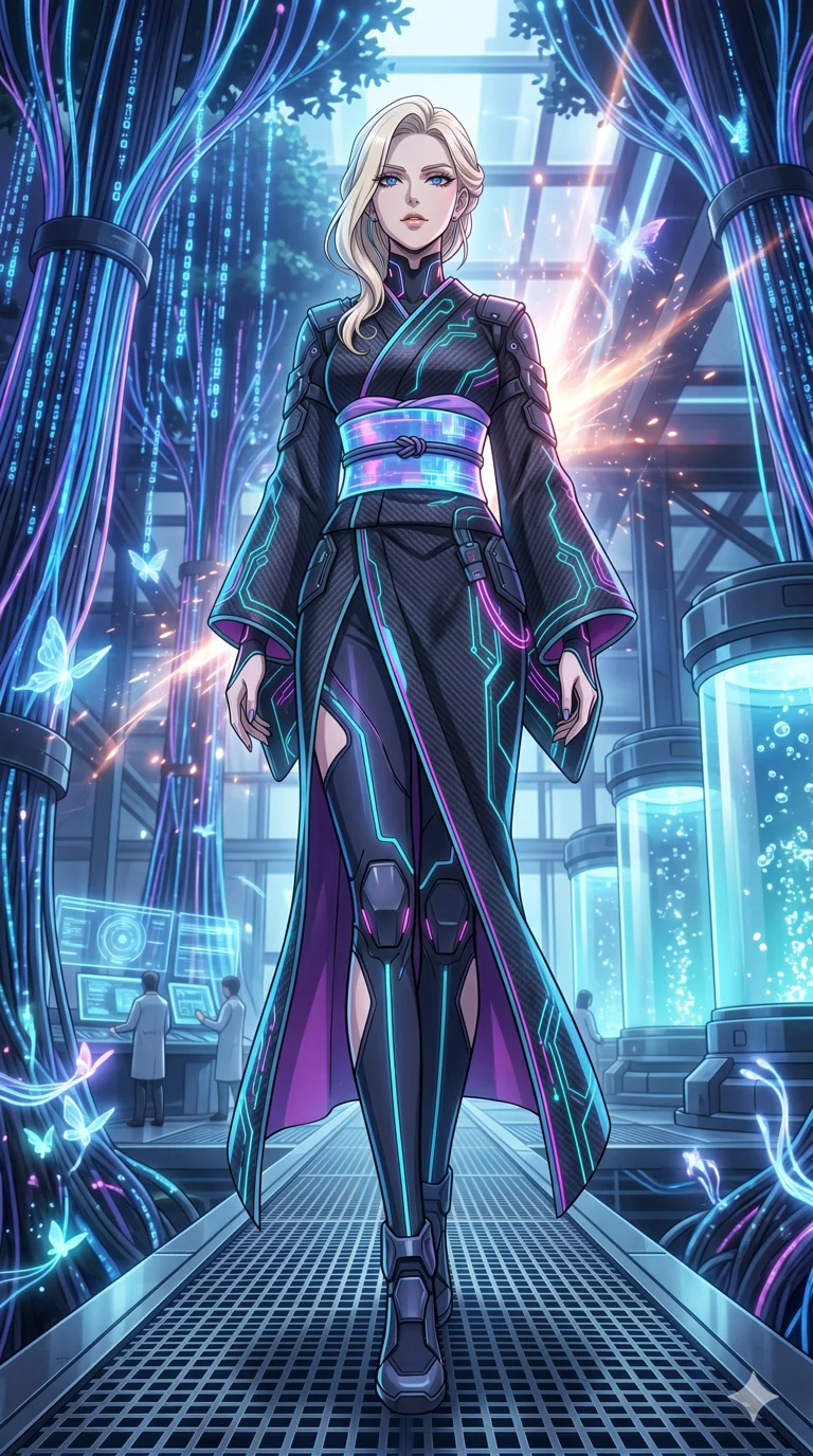 score_9, masterpiece, best quality, ultra-detailed, High-budget Anime Keyframe, vibrant colors, fluid line-art, expressive lighting, cinematic composition, Ufotable-style visual effects, top-tier animation quality, Caucasian woman with pale skin, blonde hair, and (strictly human ears). Dramatic low angle looking up at her majestic stature, dominating the vertical space of the composition. Walking through a futuristic digital forest where the trees are made of fiber-optics and glowing data streams, interacting with bioluminescent wildlife. She has an absolutely perfect 8-heads proportion, an exceptionally tall and slender female figure with impossibly long slender legs and an ultra-slim waist, her statuesque height and towering silhouette dominating the vertical 9:16 frame. Her face is a masterpiece featuring a sharp v-shaped jawline, high-bridge nose, intricate jewel-like eyes with depth, thick eyelashes, and glossy lips with a natural sheen. She is wearing a High-slit tech-kimono with holographic obi and integrated neon-lit circuitry patterns crafted from Carbon-fiber weave with a high-tech matte finish and integrated glowing filaments, with integrated neon-lit tactical gear and suggestive cutouts on the thighs. The scene is set in a high-tech research laboratory with glowing glass tanks and complex holographic interfaces, illuminated by intense energy flares from her powers illuminating the scene with brilliant light. 2k, ultra detail, master piece, 9:16 ratio