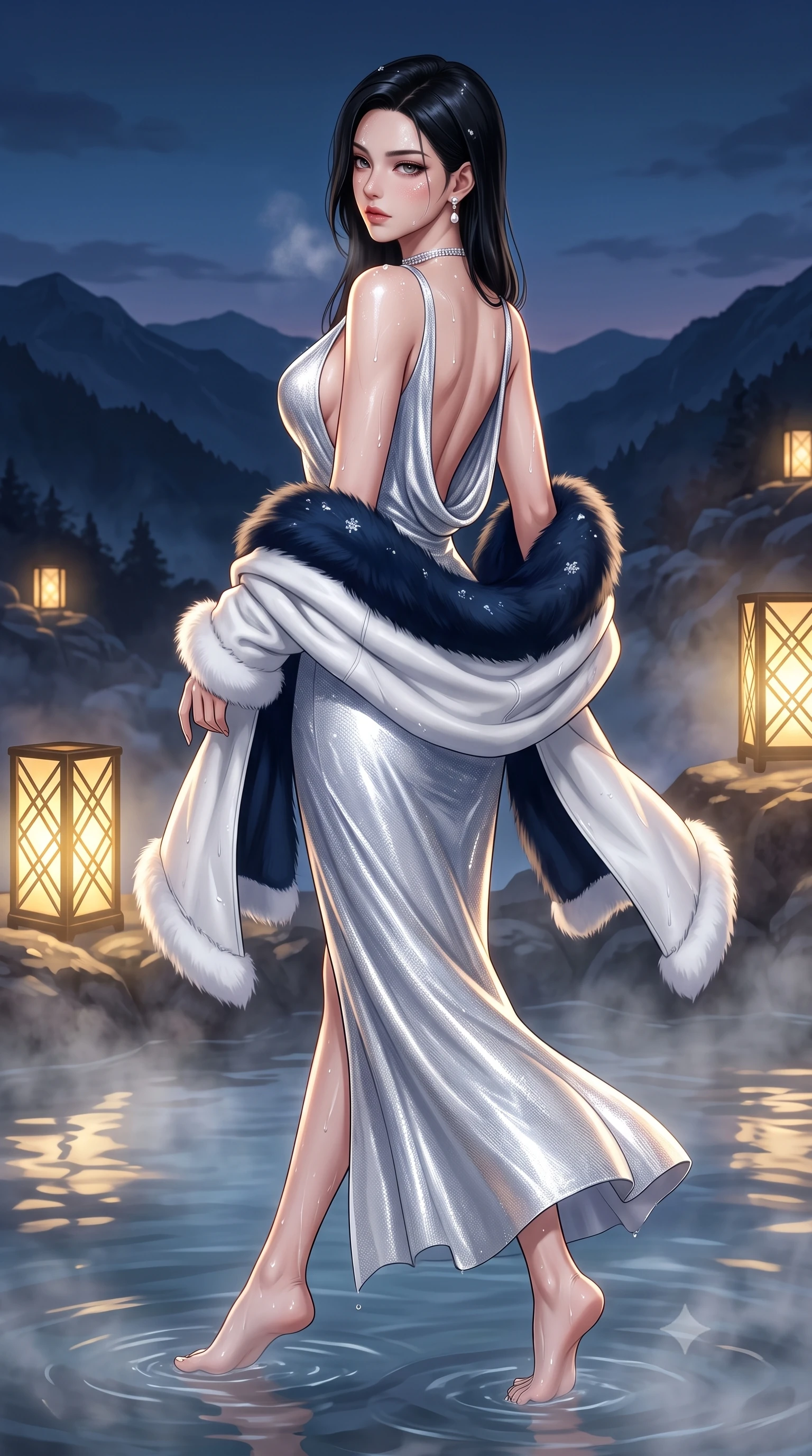 score_9, masterpiece, best quality, ultra-detailed, high-budget anime keyframe, semi-realistic 3D game render, editorial fashion photography, tasteful artistic composition, Korean woman. low angle full-body shot from head to toe showing her feet, filling the entire 9:16 vertical frame with her statuesque presence, stretching her vertical silhouette. executing an elegant mid-motion turn as garments swirl around her slender limbs, glancing over her shoulder with smoldering allure while wading through the steaming thermal mineral pool, arching her spine in pure pleasure as snowflakes melt on her glowing skin. The surrounding environment is rendered in vivid detail and crisp panoramic clarity. detailed mountain ridge silhouettes, glowing lantern lattice, and wet skin highlights in high clarity. She has an absolutely perfect, statuesque 8.5-heads proportion, an exceptionally tall and slender model-like female figure with impossibly long slender legs, a toned flat midriff, and an ultra-slim waist. sharp v-shaped jawline, high-bridge nose, intricate jewel-like eyes with depth, thick eyelashes, glossy parted lips with a natural sheen, intensely captivating and seductive expression, flawlessly proportioned anatomical accuracy, strict slender model proportions, natural body alignment, perfectly sculpted long slender limbs, ultra-slim waistline, clean dynamic posture without body distortion. wearing a crystalline silver lamé cowl-neck gown with a deep back scoop and fur stole draped over her arms in deep alpine midnight navy and snow white, tailored from supple white lambskin leather with fur trim accents, accessorized with pearl drop earrings and a delicate diamond choker, the form-contouring material adhering flawlessly to her sculpted flat midriff and slender torso, emphasizing her long leg lines and perfectly proportioned willowy build. illuminated by wet specular highlights accentuating her slender neckline, sculpted waist, and curves. highly saturated vibrant anime colors, detailed shading with soft gradients, rich glossy textures, high-contrast stereoscopic depth, volumetric dynamic lighting, master piece, 9:16 ratio