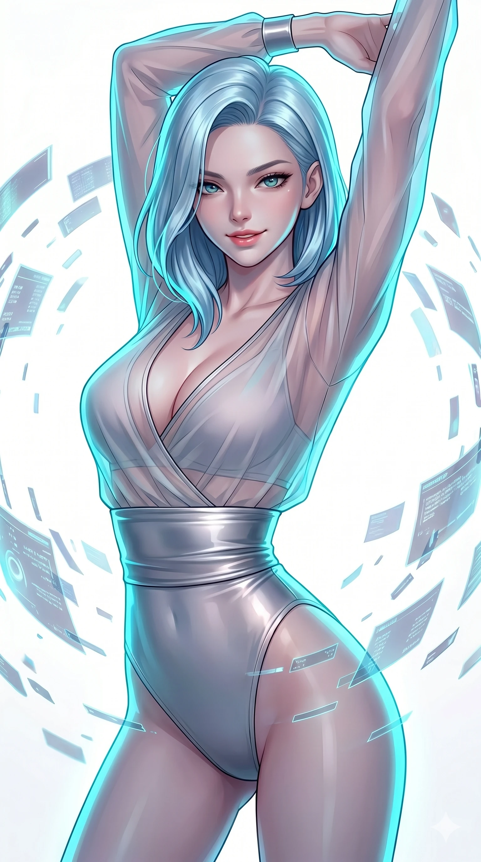 score_9, masterpiece, best quality, ultra-detailed, high-budget anime keyframe, editorial fashion photography, tasteful artistic composition, Korean woman. Upper body close-up from the thighs up, character filling the screen for maximum presence. She is leaning back with a seductive, challenging smile amidst swirling holographic data shards in a brilliant white digital void. She stretches one arm overhead in a dynamic, fluid motion. She has an absolutely perfect 8-heads proportion, an exceptionally tall and slender female figure with impossibly long slender legs and an ultra-slim waist. V-shaped jawline, high-bridge nose, intricate jewel-like eyes with depth, thick eyelashes, glossy lips with a natural sheen. She is wearing a shortened cyber-fusion wrap top with transparent chiffon panels, a deep crossover neckline, and a high-waisted metallic sash that accentuates her ultra-slim waist. The scene is illuminated by stark white key lights and a neon cyan rim light tracing her curves. 2k, ultra detail, master piece, 9:16 ratio