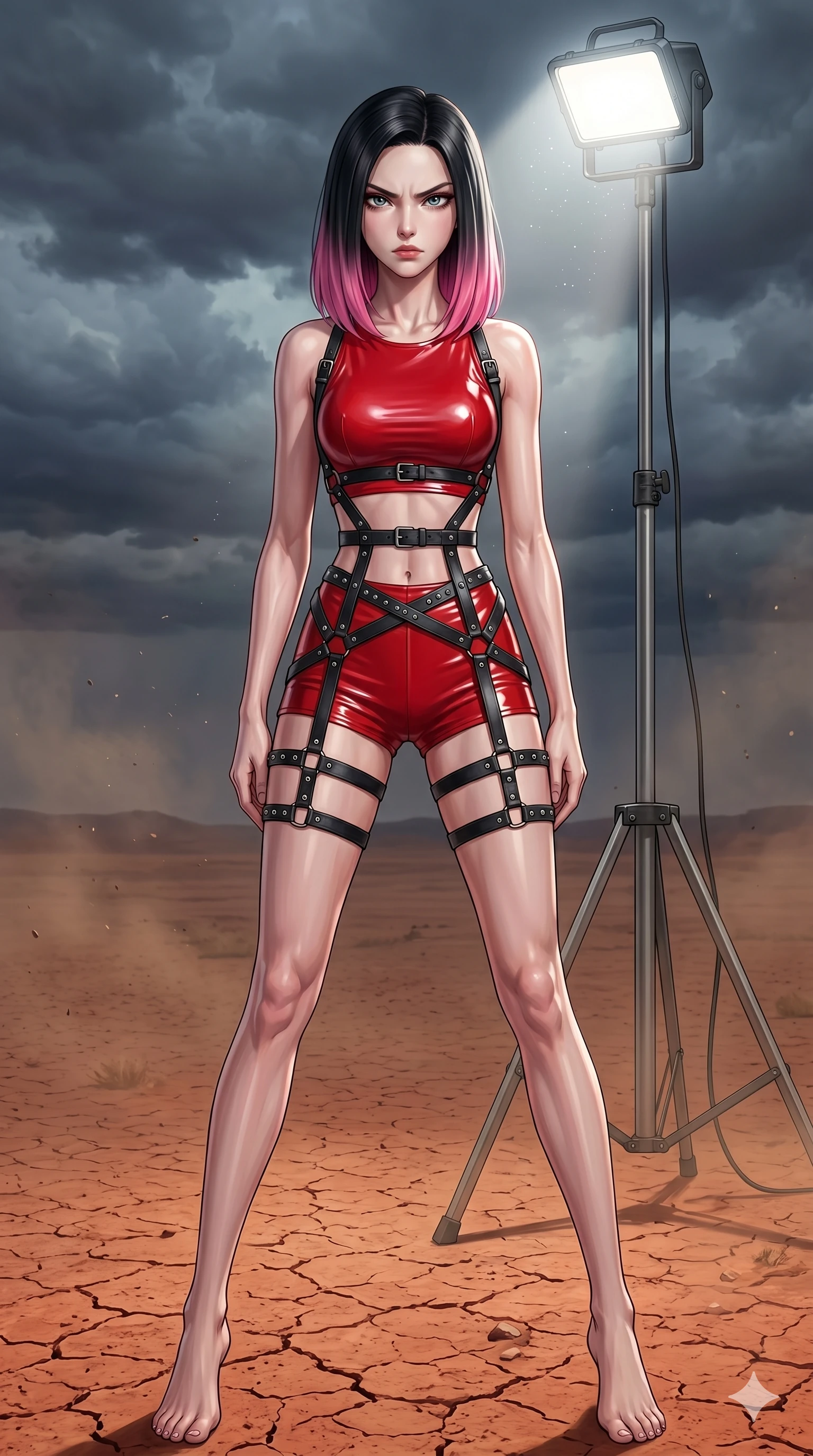 score_9, masterpiece, best quality, ultra-detailed, high-budget anime keyframe, editorial fashion photography, tasteful artistic composition, Korean woman. cowboy shot from the thighs up, character and outfit filling the frame for maximum editorial presence. staring directly at the camera with a fierce, burning anger in her jewel-like eyes standing in a dry desert basin with cracked red earth under a stormy sky (Scenario Code A-9). She has an absolutely perfect 8-heads proportion, an exceptionally tall and slender female figure with impossibly long slender legs and an ultra-slim waist. V-shaped jawline, high-bridge nose, intricate jewel-like eyes with depth, thick eyelashes, glossy lips with a natural sheen. wearing a skin-tight red vinyl crop top and high-waisted shorts with a thigh-high leather harness. drenched in a harsh overhead white work light that accentuates her tensed muscles. 2k, ultra detail, master piece, 9:16 ratio