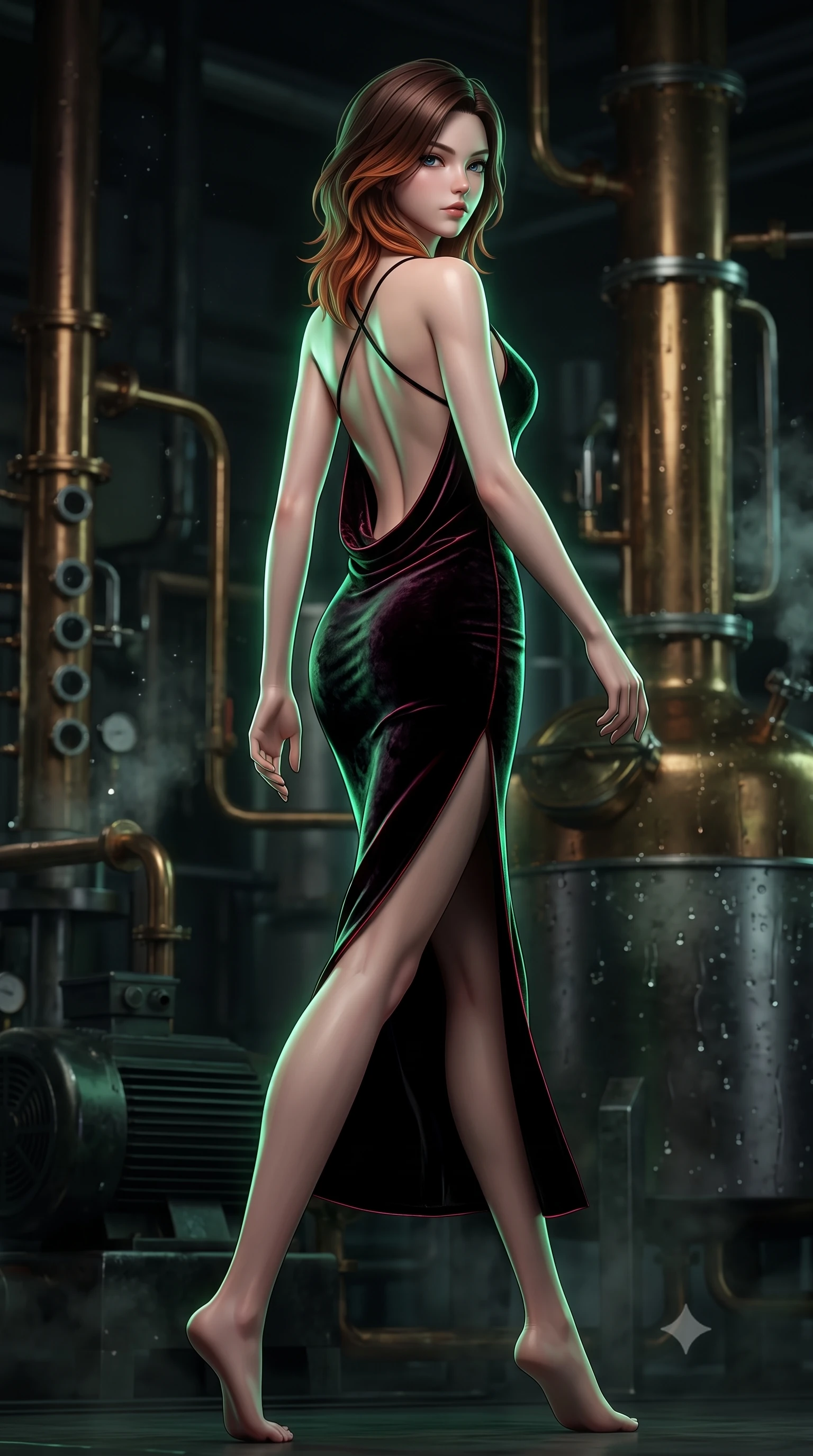 score_9, masterpiece, best quality, ultra-detailed, high-budget anime keyframe, semi-realistic 3D game render, editorial fashion photography, tasteful artistic composition, Korean woman. low angle full-body shot from head to toe showing her feet, filling the entire 9:16 vertical frame with her statuesque presence, stretching her vertical silhouette. striding forward in a proud, statuesque motion with a dangerous smolder, hips swaying with fierce allure, dominating the frame from head to toe while pivoting dynamically between brass distillation pipes and humming machinery as emerald light traces her body contours. The composition keeps background elements in soft focus with creamy bokeh. drifting chemical vapor motes scattering soft glowing light across a dark background. She has an absolutely perfect, statuesque 8.5-heads proportion, an exceptionally tall and slender model-like female figure with impossibly long slender legs, a toned flat midriff, and an ultra-slim waist. sharp v-shaped jawline, high-bridge nose, intricate jewel-like eyes with depth, thick eyelashes, glossy lips with a natural sheen, flawlessly proportioned anatomical accuracy, strict slender model proportions, natural body alignment, perfectly sculpted long slender limbs, ultra-slim waistline, clean dynamic posture without body distortion. wearing a precision-fitted liquid jersey bodycon dress in obsidian black with a dramatic draped cowl back that swoops down to her waist and a high side slit in shadowy asphalt black and subtle neon red edges, made of rich crushed velvet that catches deep directional light with soft gradients, complemented by criss-cross back straps highlighting her completely bare spine, the form-contouring material adhering flawlessly to her sculpted flat midriff and slender torso, emphasizing her long leg lines and perfectly proportioned willowy build. illuminated by crisp green rim highlights outlining her ultra-slim waist and sculpted silhouette. rich saturated anime colors with deep moody shadows, detailed chiaroscuro shading with soft gradients, rich glossy textures, high-contrast stereoscopic depth, volumetric dynamic shadow lighting, master piece, 9:16 ratio