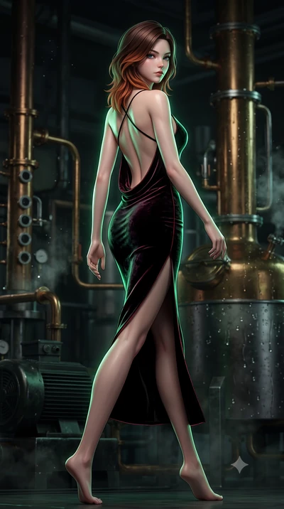 score_9, masterpiece, best quality, ultra-detailed, high-budget anime keyframe, semi-realistic 3D game render, editorial fashion photography, tasteful artistic composition, Korean woman. low angle full-body shot from head to toe showing her feet, fil