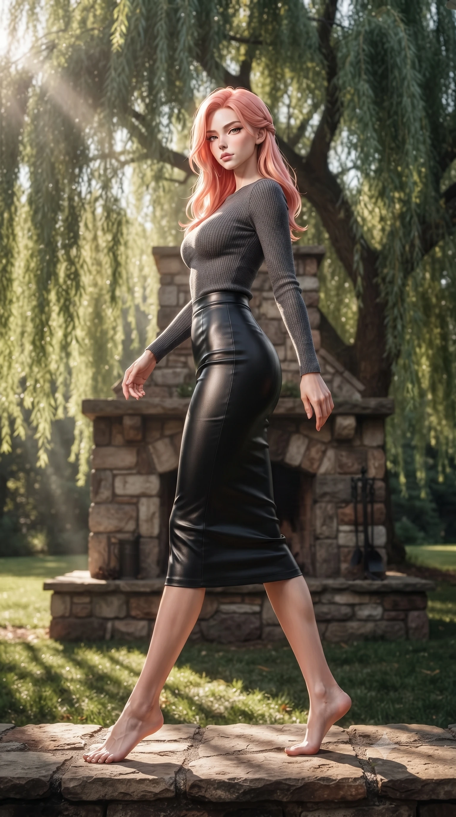 score_9, masterpiece, best quality, ultra-detailed, high-budget anime keyframe, editorial fashion photography, tasteful artistic composition, Japanese woman. low angle full-body shot from head to toe showing her feet, filling the entire 9:16 vertical frame with her statuesque presence, stretching her vertical silhouette. stepping gracefully while looking back over her shoulder, her dress draped tightly to reveal her silhouette the background shows a soft-focus a rustic stone fireplace deck under a large weeping willow tree in a private park. She has an absolutely perfect, statuesque 8.5-heads proportion, an exceptionally tall and slender model-like female figure with impossibly long slender legs and an ultra-slim waist. sharp v-shaped jawline, high-bridge nose, intricate jewel-like eyes with depth, thick eyelashes, glossy lips with a natural sheen. wearing a slim-fit body-hugging knit top in charcoal grey, paired with a tight-fitting leather midi skirt. dappled sunbeams filtering through the willow leaves onto the grass. ultra-reflective glossy finish, specular highlights, metallic sheen, high-contrast stereoscopic depth, volumetric dynamic lighting, 2k, ultra detail, master piece, 9:16 ratio
