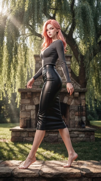 score_9, masterpiece, best quality, ultra-detailed, high-budget anime keyframe, editorial fashion photography, tasteful artistic composition, Japanese woman. low angle full-body shot from head to toe showing her feet, filling the entire 9:16 vertical