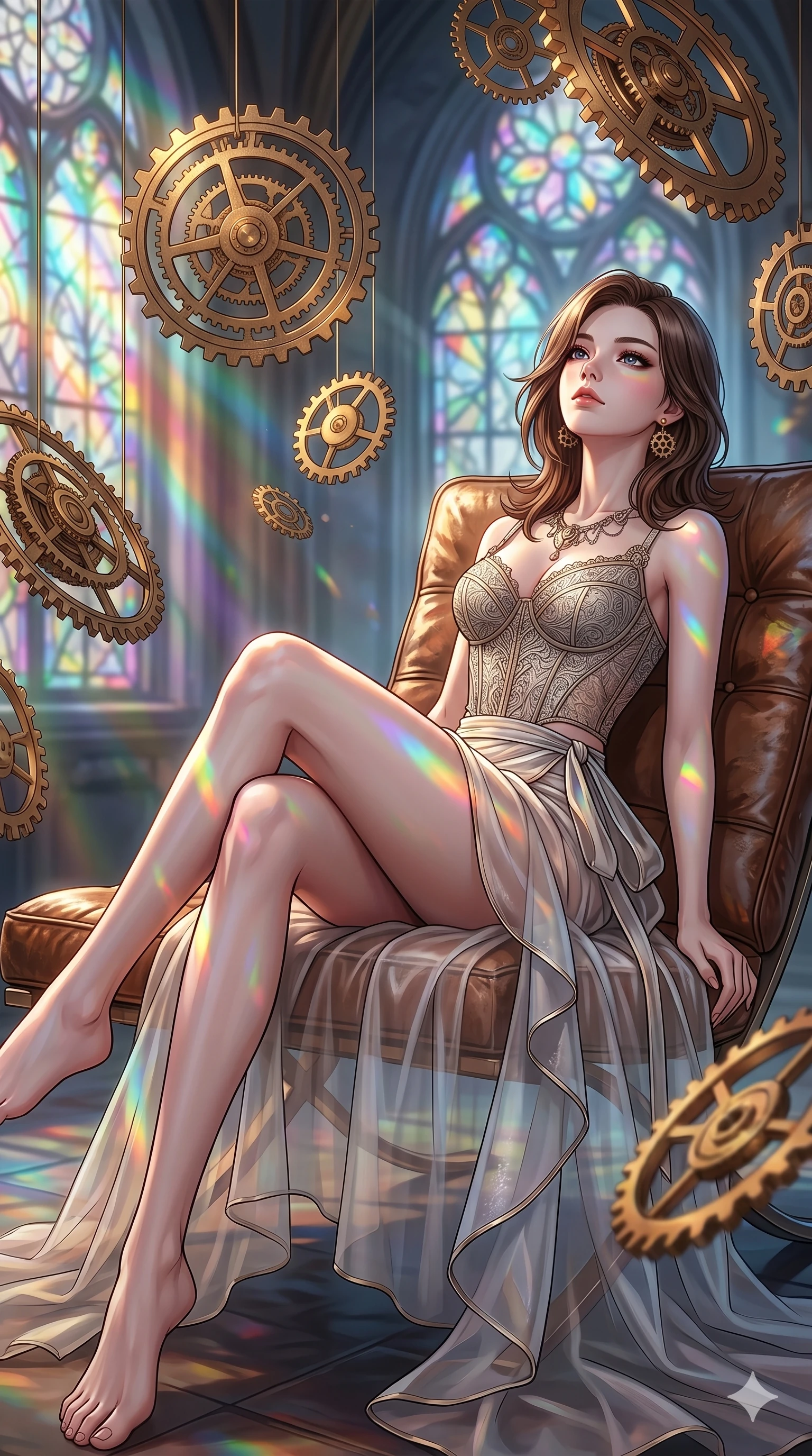 score_9, masterpiece, best quality, ultra-detailed, high-budget anime keyframe, editorial fashion photography, tasteful artistic composition, Korean woman. cowboy shot from the thighs up, character and outfit filling the frame for maximum editorial presence. leaning back on a leather lounge chair, tilting her chin up with composed expression inside a temporal rift room with suspended golden clockwork gears (Code-P18-154). She has an absolutely perfect 8-heads proportion, an exceptionally tall and slender female figure with impossibly long slender legs and an ultra-slim waist. V-shaped jawline, high-bridge nose, intricate jewel-like eyes with depth, thick eyelashes, glossy lips with a natural sheen. wearing a fine patterned embroidery structured bodice top combined with a translucent wrap skirt. prismatic rainbow light refracting through the stained-glass window, coloring her skin. 2k, ultra detail, master piece, 9:16 ratio