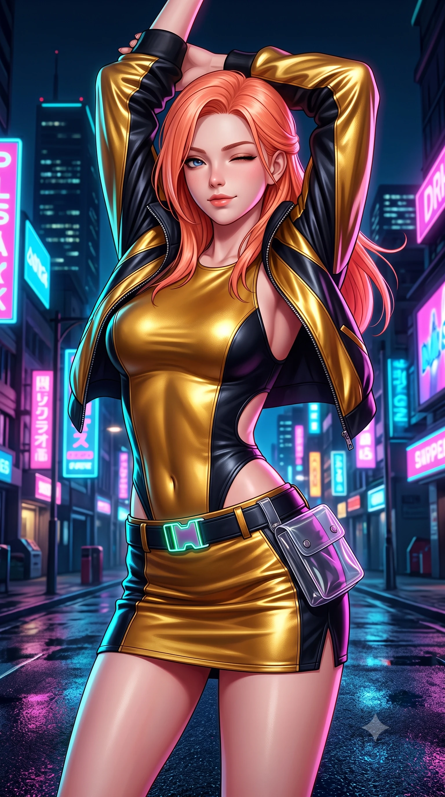 score_9, masterpiece, best quality, ultra-detailed, high-budget anime keyframe, semi-realistic 3D game render, editorial fashion photography, tasteful artistic composition, Japanese woman. close-up cowboy shot from the waist and thighs up, the character dominates the composition, filling the frame with her large presence. arching her back languidly with arms stretching overhead, highlighting her narrow waist and feminine silhouette in pure supermodel elegance while pivoting sharply with supermodel momentum on the wet tarmac, a playful wink breaking across her radiant face. The surrounding environment is rendered in vivid detail and crisp panoramic clarity. intense neon-noir chiaroscuro and exhilarating urban drift culture aesthetics rendered with precision. She has an exceptionally elegant, slender, and willowy female figure with an ultra-slim waist, a gracefully sculpted slender torso, toned flat midriff, and a refined slim silhouette. sharp v-shaped jawline, high-bridge nose, intricate jewel-like eyes with depth, thick eyelashes, glossy parted lips with a natural sheen, intensely captivating and seductive expression, flawlessly proportioned anatomical accuracy, strict slender model proportions, natural body alignment, perfectly sculpted long slender limbs, ultra-slim waistline, clean dynamic posture without body distortion. wearing a sporty high-cut racerback bodysuit paired with an open technical windbreaker and micro-skirt in metallic liquid gold and obsidian black, tailored from supple second-skin lambskin leather adhering to her curves, complemented by a neon LED belt buckle and translucent vinyl tool pouch, the precision-cut daring openings accentuating her delicate midriff, graceful bare collarbones, and ultra-slim feminine waistline. illuminated by crisp directional rim lighting sharply defining her razor-sharp jawline and feminine curves. highly saturated vibrant anime colors, detailed shading with soft gradients, rich glossy textures, high-contrast stereoscopic depth, volumetric dynamic lighting, master piece, 9:16 ratio