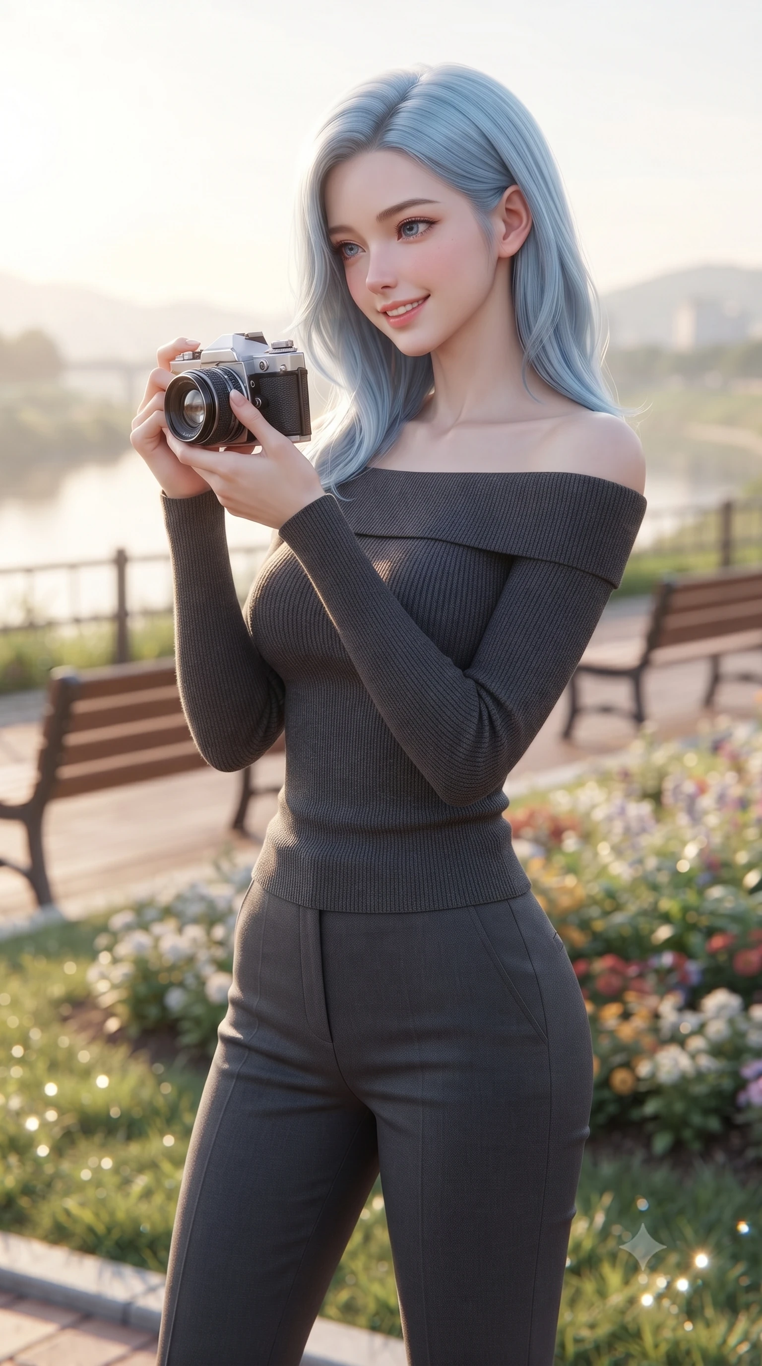 score_9, masterpiece, best quality, ultra-detailed, high-budget anime keyframe, editorial fashion photography, tasteful artistic composition, Korean woman. close-up cowboy shot from the waist and thighs up, the character dominates the composition, filling the frame with her large presence, background elements kept in soft focus. laughing softly with a charming expression, tilting her head cutely to the side set against a soft-focus background of at a scenic river bend overlook with wooden benches and flower beds with a vintage camera in her hand and a warm, cute grin. She has an exceptionally elegant, slender, and willowy female figure with an ultra-slim waist, a gracefully sculpted slender torso, and a refined silhouette. sharp v-shaped jawline, high-bridge nose, intricate jewel-like eyes with depth, thick eyelashes, glossy lips with a natural sheen. wearing tailored body-hugging off-shoulder knit top in charcoal, paired with tailored slim pants. bright morning sun rays creating fresh dewdrop reflections on the grass. ultra-reflective glossy finish, specular highlights, metallic sheen, high-contrast stereoscopic depth, volumetric dynamic lighting, 2k, ultra detail, master piece, 9:16 ratio