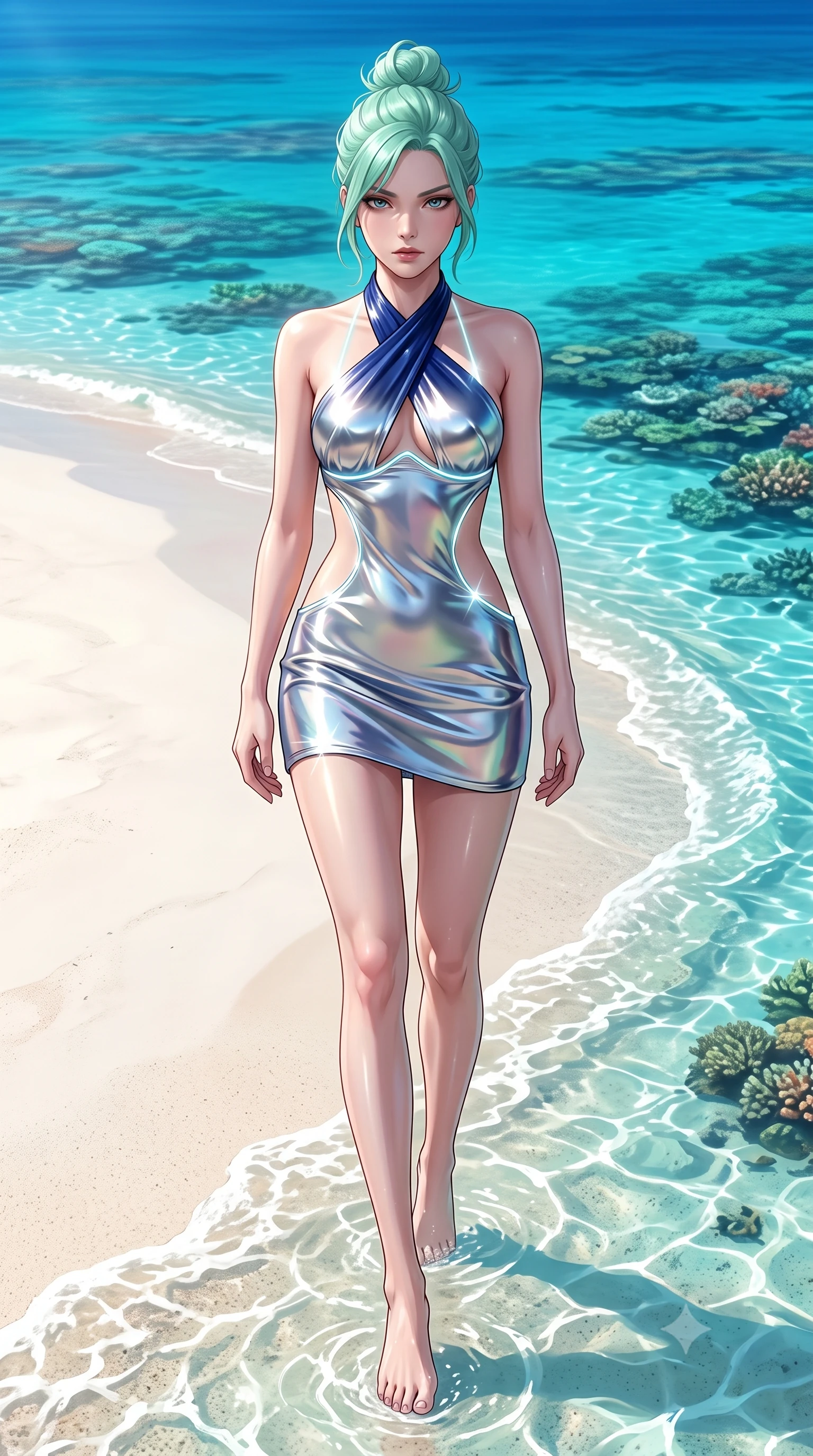 score_9, masterpiece, best quality, ultra-detailed, high-budget anime keyframe, semi-realistic 3D game render, editorial fashion photography, tasteful artistic composition, Japanese woman. low angle full-body shot from head to toe showing her feet, filling the entire 9:16 vertical frame with her statuesque presence, stretching her vertical silhouette. striding forward in a proud, statuesque motion with a dangerous smolder, her vertical silhouette dominating the frame from head to toe while stepping along a pristine white sand sandbar as shallow emerald lagoon waves lap gently at her feet. The surrounding environment is rendered in vivid detail and crisp panoramic clarity. vibrant coral reef textures beneath crystal water, fine white sand grain, and emerald ocean gradients in deep focus. She has an absolutely perfect, statuesque 8.5-heads proportion, an exceptionally tall and slender model-like female figure with impossibly long slender legs, a toned flat midriff, and an ultra-slim waist. sharp v-shaped jawline, high-bridge nose, intricate jewel-like eyes with depth, thick eyelashes, glossy lips with a natural sheen, flawlessly proportioned anatomical accuracy, strict slender model proportions, natural body alignment, perfectly sculpted long slender limbs, ultra-slim waistline, clean dynamic posture without body distortion. wearing a molten silver liquid-metal mini dress featuring deep side-waist cutouts and a daring crossover halter neckline in deep royal navy blue and specular chrome, made of smooth iridescent silk chiffon that shifts colors with movement, accented with glowing fiber-optic seams tracing her collarbones and hip curves, the precision-cut daring openings accentuating her delicate midriff, graceful bare collarbones, and ultra-slim feminine waistline. bathed in dazzling tropical morning sunlight and glittering ocean water caustics. highly saturated vibrant anime colors, detailed shading with soft gradients, rich glossy textures, high-contrast stereoscopic depth, volumetric dynamic lighting, master piece, 9:16 ratio