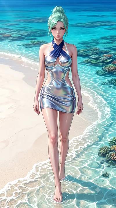 score_9, masterpiece, best quality, ultra-detailed, high-budget anime keyframe, semi-realistic 3D game render, editorial fashion photography, tasteful artistic composition, Japanese woman. low angle full-body shot from head to toe showing her feet, f