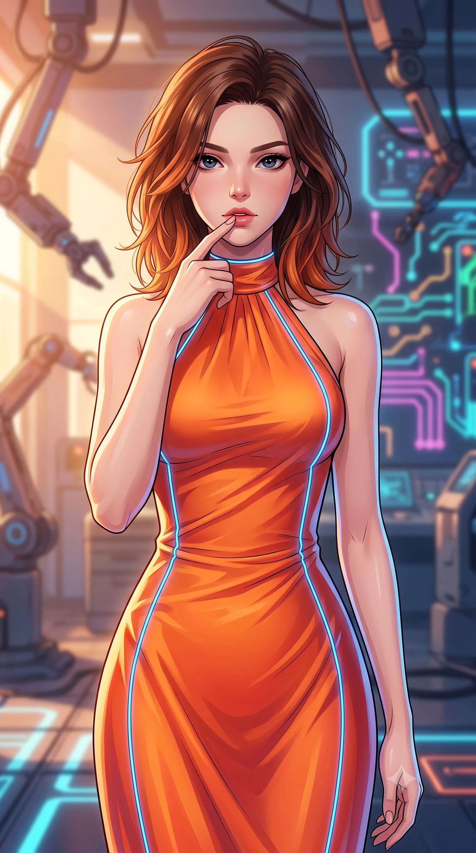 score_9, masterpiece, best quality, ultra-detailed, high-budget anime keyframe, tasteful artistic composition, Korean woman. close-up cowboy shot from the waist and thighs up, the character dominates the composition, filling the frame with her large presence, background elements kept in soft focus. pressing one finger to her bottom lip in a thoughtful, seductive gesture under the warm sun the background shows a soft-focus an automated repair bay with mechanical arms and neon circuit layouts. She has an exceptionally elegant, slender, and willowy female figure with an ultra-slim waist, a gracefully sculpted slender torso, and a refined silhouette. sharp v-shaped jawline, high-bridge nose, intricate jewel-like eyes with depth, thick eyelashes, glossy lips with a natural sheen. wearing a form-contouring form-fitting liquid silk halter-neck maxi dress in sunset orange, draped elegantly to highlight her slender frame. glowing blue laser lines tracing her form with precision. highly saturated vibrant anime colors, cel-shading, 2d style, master piece, 9:16 ratio