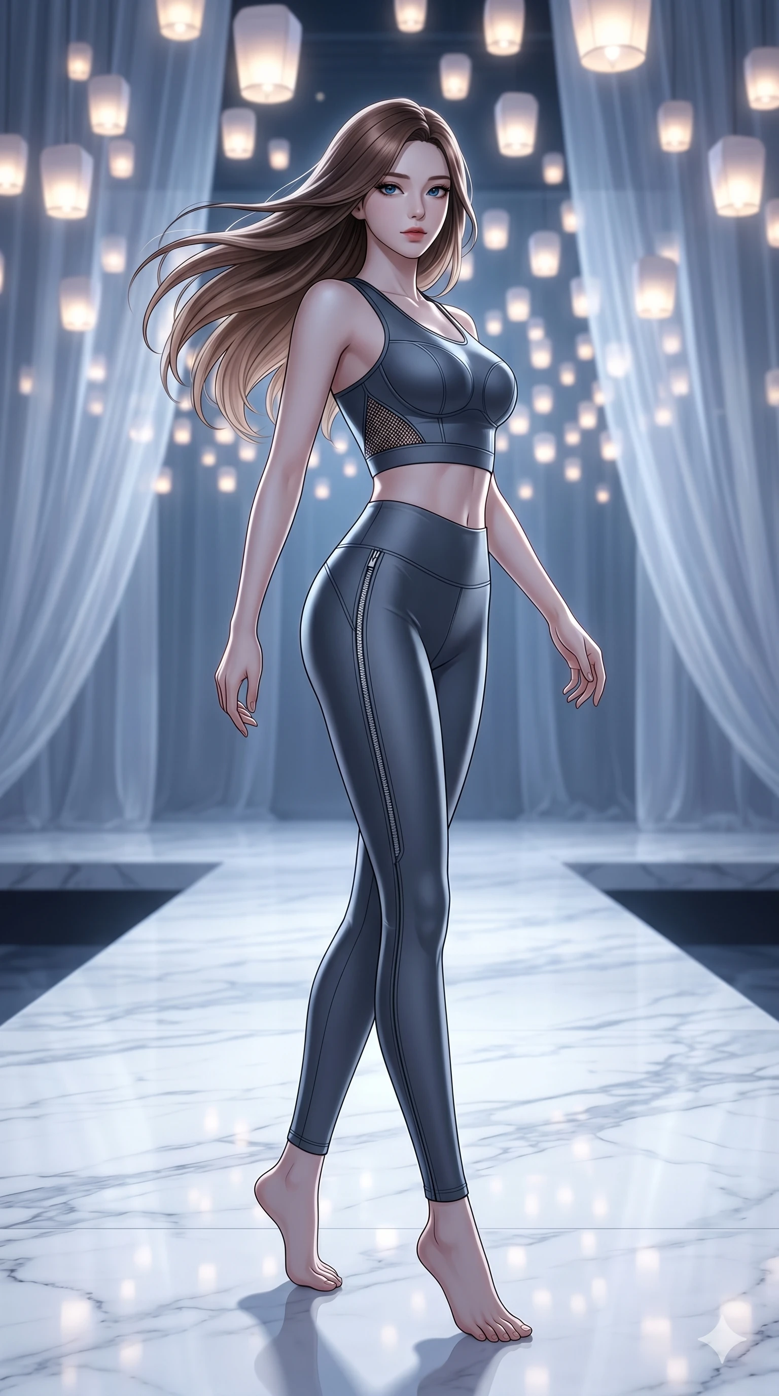 score_9, masterpiece, best quality, ultra-detailed, high-budget anime keyframe, editorial fashion photography, tasteful artistic composition, Korean woman. low angle full-body shot from head to toe showing her feet, filling the entire 9:16 vertical frame with her statuesque presence, stretching her vertical silhouette. Pivoting sharply mid-step with hair sweeping dramatically behind on a runway of polished white marble under a canopy of thousands of floating luminous lanterns. She has an absolutely perfect 8-heads proportion, an exceptionally tall and slender female figure with impossibly long slender legs and an ultra-slim waist. V-shaped jawline, high-bridge nose, intricate jewel-like eyes with depth, thick eyelashes, glossy lips with a natural sheen. wearing a high-performance fitted crop sports top in deep chrome grey with sculpted structured cups and a bold graphic mesh insert at the sides, paired with matching high-waist compression leggings with side chrome zip details. bathed in cold silver moonlight filtered through translucent gossamer curtains casting soft shadows on her curves. 2k, ultra detail, master piece, 9:16 ratio