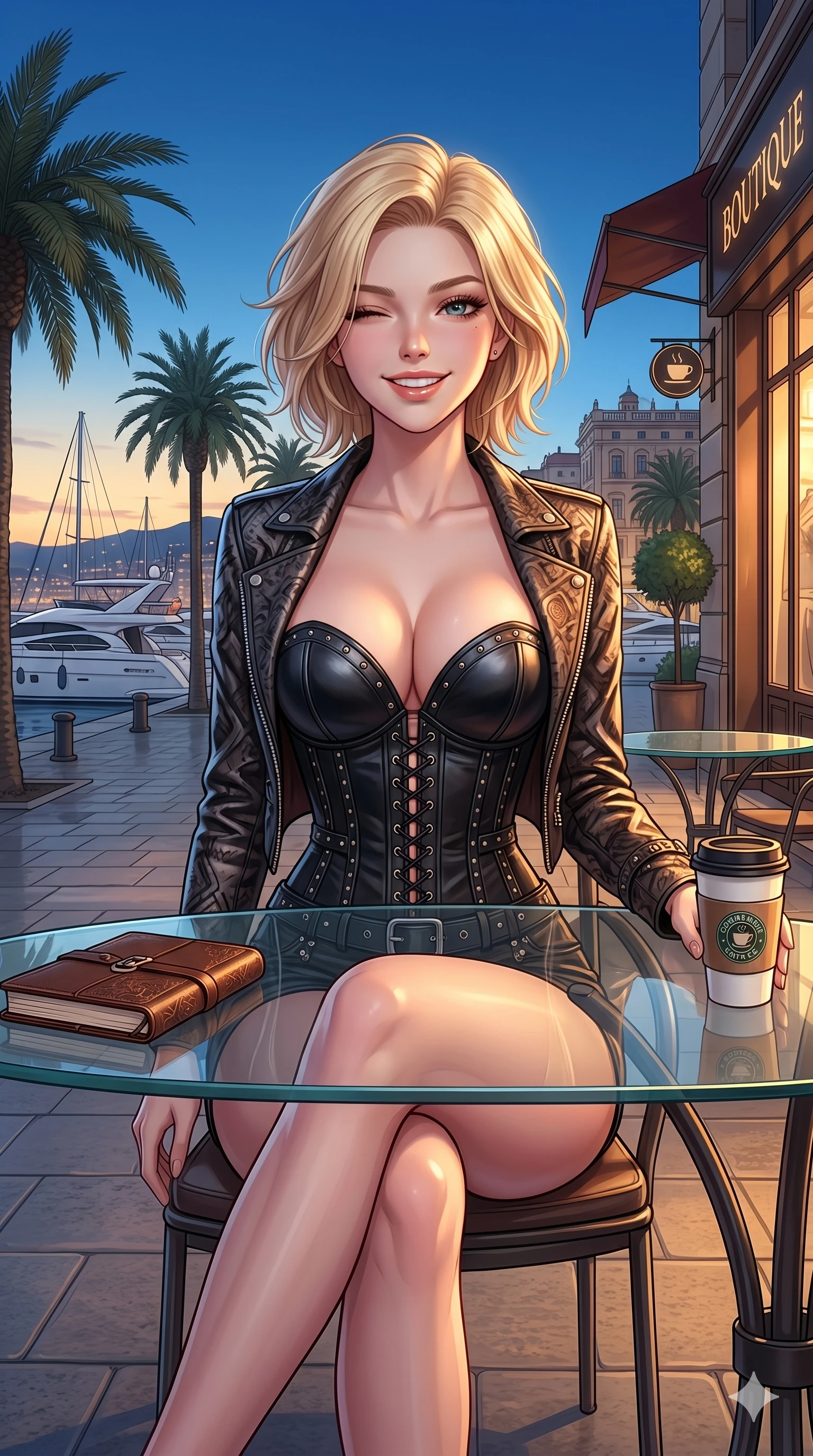 score_9, masterpiece, best quality, ultra-detailed, high-budget anime keyframe, vibrant anime aesthetic, Caucasian woman, strictly human ears. cowboy shot from the thighs up, character and outfit filling the frame for maximum presence. She is sitting by a glass table, winking and smiling cheerfully at the camera by a harbor promenade under blue sky (Code-P20-156). She has an absolutely perfect 8-heads proportion, an exceptionally tall and slender female figure with impossibly long slender legs and an ultra-slim waist. V-shaped jawline, high-bridge nose, intricate jewel-like eyes with depth, thick eyelashes, glossy lips with a natural sheen. wearing a leather corset with sweetheart neckline revealing cleavage. She is soft golden twilight glow mixed with warm boutique lights, tracing her eyelashes. 2k, ultra detail, master piece, 9:16 ratio