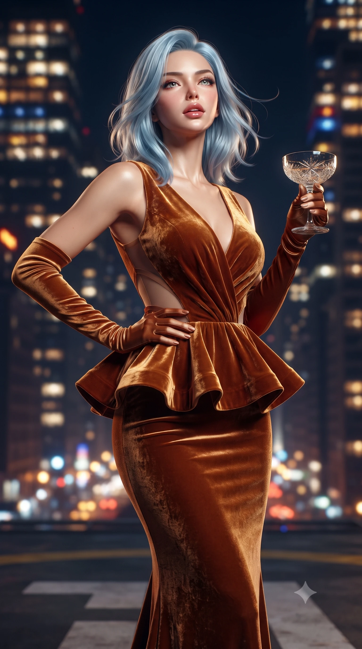 score_9, masterpiece, best quality, ultra-detailed, high-budget anime keyframe, editorial fashion photography, tasteful artistic composition, Korean woman. close-up cowboy shot from the waist and thighs up, the character dominates the composition, filling the frame with her large presence. tilting her chin up with proud, sovereign allure while gazing through thick eyelashes, one hand resting on her waist in pure supermodel charisma while standing poised at the center of the rooftop helipad facing the gale-force night wind, arching her spine in pure exhilaration as her dress flutters violently. The composition keeps background elements in soft focus with creamy bokeh. thousands of glowing Manhattan skyscraper windows and yellow cab light trails blurred into sapphire, amber, and ruby bokeh. She has an exceptionally elegant, slender, and willowy female figure with an ultra-slim waist, flat toned midriff, narrow ribcage, and sculpted feminine hips creating an alluring, slim hourglass silhouette without bulk. sharp v-shaped jawline, high-bridge nose, intricate jewel-like eyes with depth, thick eyelashes, glossy parted lips with a natural sheen, intensely captivating and seductive bedroom-eyes expression, flawlessly proportioned anatomical accuracy, strict slender model proportions, natural body alignment, perfectly sculpted long slender limbs, ultra-slim waistline, clean dynamic posture without body distortion. wearing a structural geometric peplum gown with sheer side-ribbon cutouts and form-fitting skirt in rich copper bronze and warm amber, crafted from heavyweight crushed silk velvet with liquid vintage luster, accessorized with opera-length satin gloves and a vintage crystal glass, the glove-like aerodynamic silhouette tightly following the natural contour of her hips and long slender legs with statuesque 8.5-heads elegance. surrounded by an untouchable, daring, and wildly charismatic skyline empress aura. ultra-reflective glossy finish, specular highlights, rich textural contrasts, high-contrast stereoscopic depth, volumetric dynamic lighting, 2k, ultra detail, master piece, 9:16 ratio