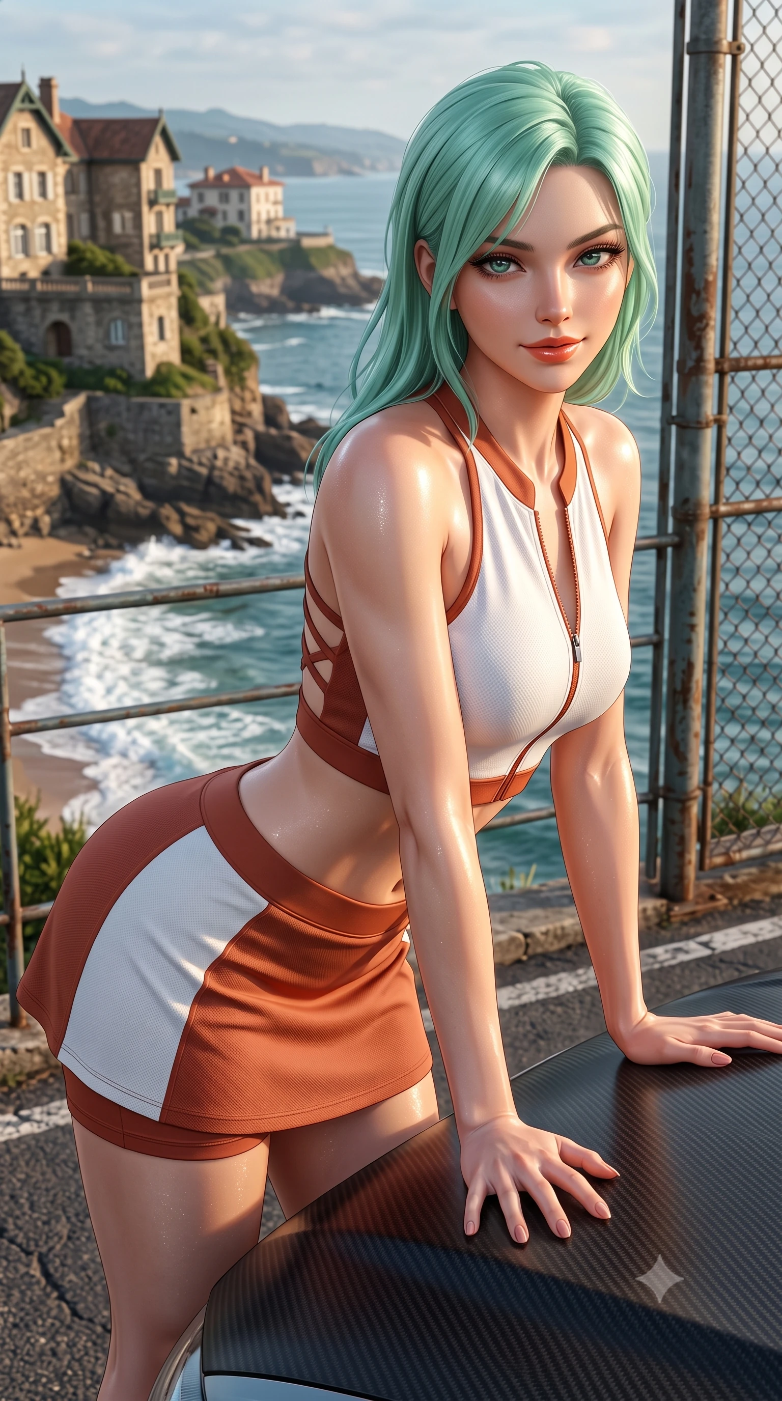 score_9, masterpiece, best quality, ultra-detailed, high-budget anime keyframe, semi-realistic 3D game render, editorial fashion photography, tasteful artistic composition, Japanese woman. close-up cowboy shot from the waist and thighs up, the character dominates the composition, filling the frame with her large presence. leaning forward over the carbon car hood while arching her lower back to accentuate her curvy hips, looking into the camera with a confident smoldering smile and bedroom-eyes while standing at the cliffside court fence high above crashing Atlantic rollers, arching her back with dynamic athletic grace. The surrounding environment is rendered in vivid detail and crisp panoramic clarity: detailed piqué knit weave, sun-kissed skin sheen, and historic French Basque sports architecture in high resolution. She has an exceptionally elegant, slender, and willowy female figure with an ultra-slim waist, flat toned midriff, narrow ribcage, and sculpted feminine hips creating an alluring, slim hourglass silhouette without bulk. sharp v-shaped jawline, high-bridge nose, sparkling eyes with athletic focus and depth, thick curled eyelashes, glossy parted lips with a natural coral-peach sheen, bright confident and coquettish smile with alluring bedroom-eyes, exuding both youthful sporty vigor and sovereign high-society glamour, flawlessly proportioned anatomical accuracy, strict slender model proportions, natural body alignment, perfectly sculpted long slender limbs, ultra-slim waistline, clean dynamic posture without body distortion. wearing a modern two-piece athletic set featuring a zip-front halter sports crop top and curve-hugging tennis skirt with built-in compression shorts in classic clay-court terracotta and cloud white, made of smooth liquid-tight stretch jersey emphasizing every curve of her body, finished with criss-cross back athletic straps highlighting her graceful shoulder blades, the glove-like aerodynamic silhouette tightly following the natural contour of her hips and long slender legs with youthful 8.5-heads elegance. illuminated by ocean surf bounce fill and sharp warm-gold rim lights defining her razor-sharp jawline, narrow waist, and curvy hips. highly saturated vibrant anime colors, detailed shading with soft gradients, rich glossy textures, high-contrast stereoscopic depth, volumetric dynamic lighting, master piece, 9:16 ratio
