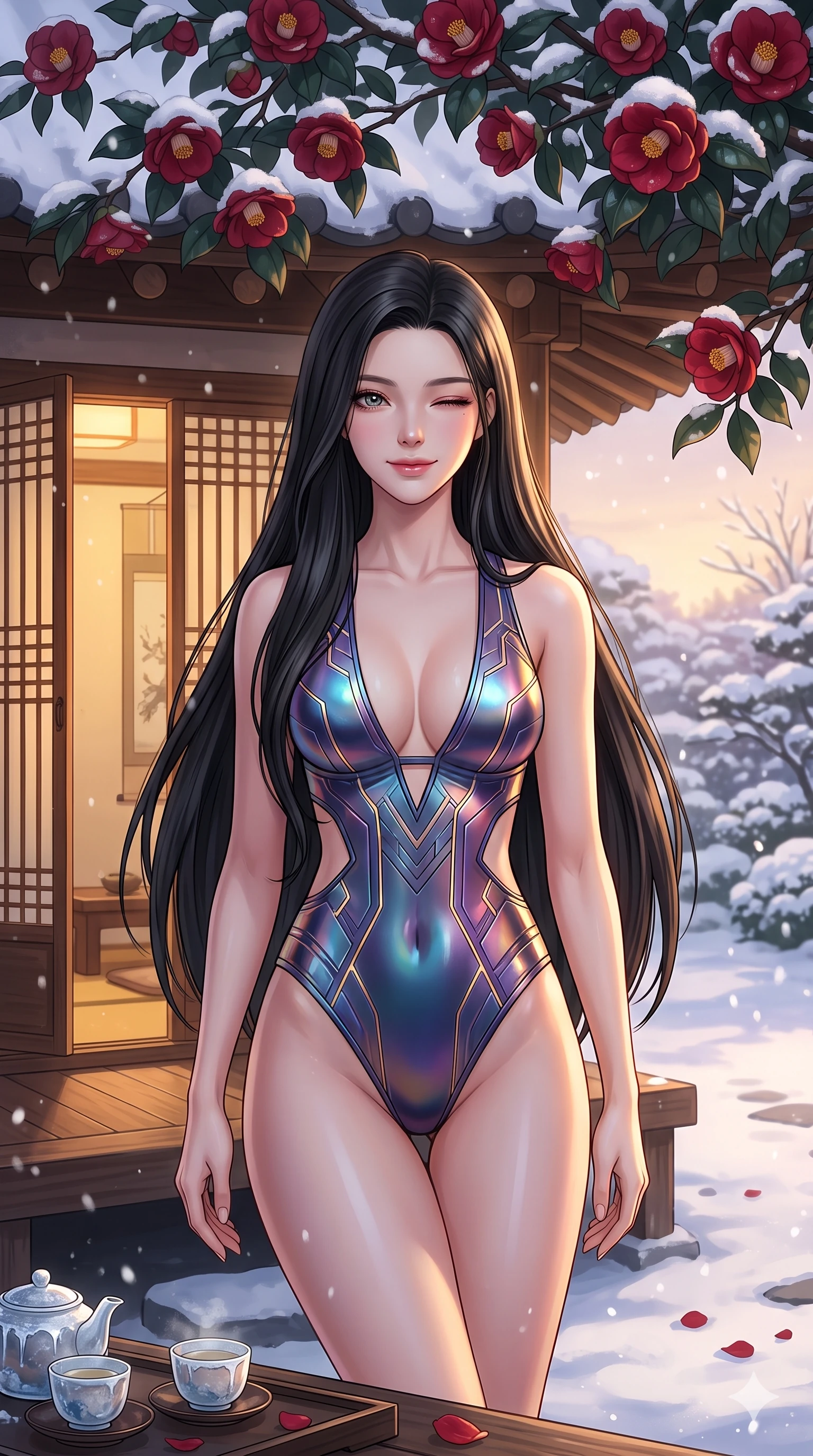 score_9, masterpiece, best quality, ultra-detailed, high-budget anime keyframe, vibrant anime aesthetic, Korean woman. cowboy shot from the thighs up, character and outfit filling the frame for maximum presence. She is standing under winter camellias, winking with a delightful and cheerful face by a quiet outdoor tea pavilion facing a snowy garden (Code-P21-076). She has an absolutely perfect 8-heads proportion, an exceptionally tall and slender female figure with impossibly long slender legs and an ultra-slim waist. V-shaped jawline, high-bridge nose, intricate jewel-like eyes with depth, thick eyelashes, glossy lips with a natural sheen. wearing a metallic bodysuit with exposed waist and plunging neckline in snow. She is soft golden twilight glow mixed with warm cabin lights, tracing her eyelashes. 2k, ultra detail, master piece, 9:16 ratio