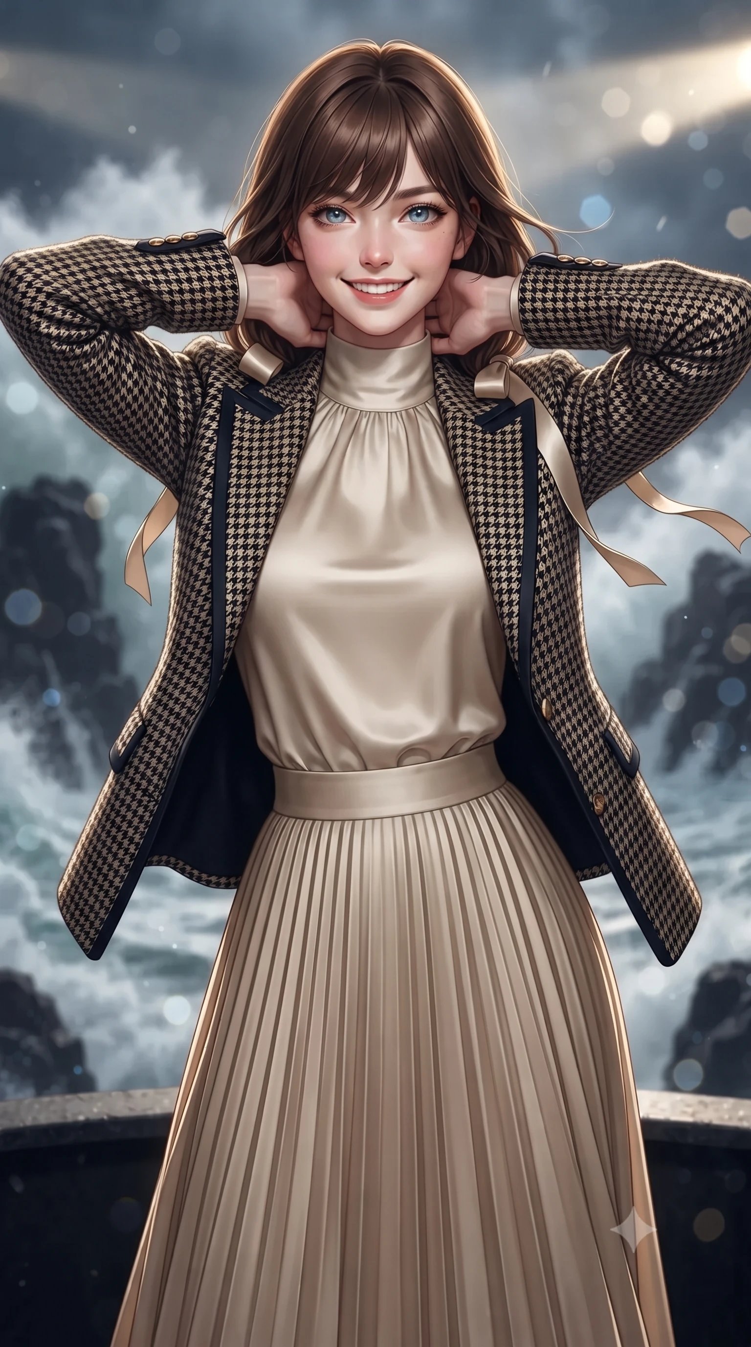 score_9, masterpiece, best quality, ultra-detailed, high-budget anime keyframe, editorial fashion photography, tasteful artistic composition, Korean woman. close-up cowboy shot from the waist and thighs up, the character dominates the composition, filling the frame with her large presence. resting both hands lightly behind her neck with elbows raised, arching her spine to highlight her narrow waist, flat midriff, and breathtaking collarbones while standing poised inside the circular glass lantern room atop the historic granite lighthouse, arching her lower back with fierce diva charisma as Atlantic gale winds buffet the tower. The background shows a soft-focus colossal storm waves crashing over dark granite sea stacks, rotating Fresnel lens light beams cutting through midnight sea spray, blurred into diamond, slate, and sapphire bokeh. She has an exceptionally elegant, slender, and willowy female figure with an ultra-slim waist, flat toned midriff, narrow ribcage, and sculpted feminine hips creating an alluring, slim hourglass silhouette without bulk. sharp v-shaped jawline, high-bridge nose, intricate jewel-like sparkling eyes with depth, thick eyelashes, glossy parted lips with a natural peach sheen, bright cheerful beaming smile with an enchanting and coquettish sensual glint, exuding both youthful cute charm and seductive allure, flawlessly proportioned anatomical accuracy, strict slender model proportions, natural body alignment, perfectly sculpted long slender limbs, ultra-slim waistline, clean dynamic posture without body distortion. wearing a bespoke Normandy houndstooth equestrian blazer draped over a high-neck silk crepe blouse and pleated midi skirt in deep midnight obsidian black and champagne gold, woven from structured British tweed with subtle metallic flecks, finished with satin ribbon ties at the shoulders fluttering in the gentle breeze, the bespoke structured tailoring following the natural line of her 8.5-heads silhouette with refined elegance. illuminated by curved glass reflection bounce and sharp platinum-gold rim lights defining her dewy collarbones, ultra-slim waist, and curvy hips. ultra-reflective glossy finish, specular highlights, rich textural contrasts, high-contrast stereoscopic depth, volumetric dynamic lighting, 2k, ultra detail, master piece, 9:16 ratio