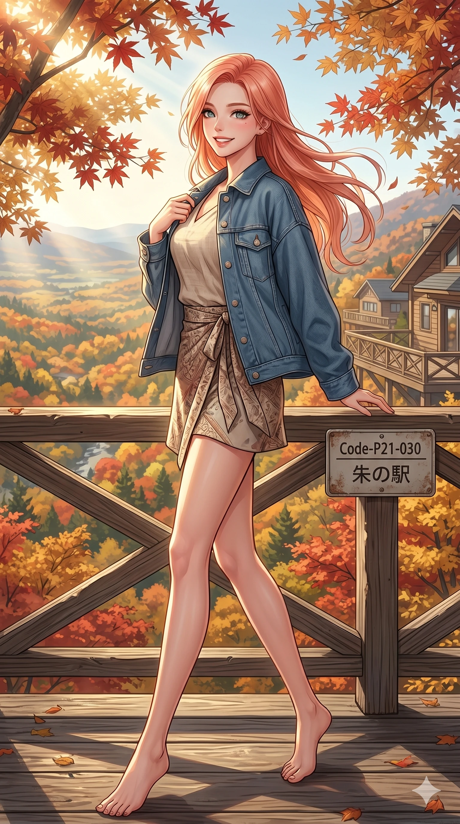 score_9, masterpiece, best quality, ultra-detailed, high-budget anime keyframe, vibrant anime aesthetic, Japanese woman. low angle full-body shot from head to toe showing her feet, filling the entire 9:16 vertical frame with her statuesque presence, stretching her vertical silhouette. She is standing tall, looking over her shoulder with a radiant, smiling expression in the sun by a mountain resort deck overlooking an autumn forest valley at noon (Code-P21-030). She has an absolutely perfect 8-heads proportion, an exceptionally tall and slender female figure with impossibly long slender legs and an ultra-slim waist. V-shaped jawline, high-bridge nose, intricate jewel-like eyes with depth, thick eyelashes, glossy lips with a natural sheen. wearing a modern denim jacket over a linen top and wrap skirt. She is soft gold sunbeams filtered through autumn maples, creating a mystical and elegant glow. 2k, ultra detail, master piece, 9:16 ratio