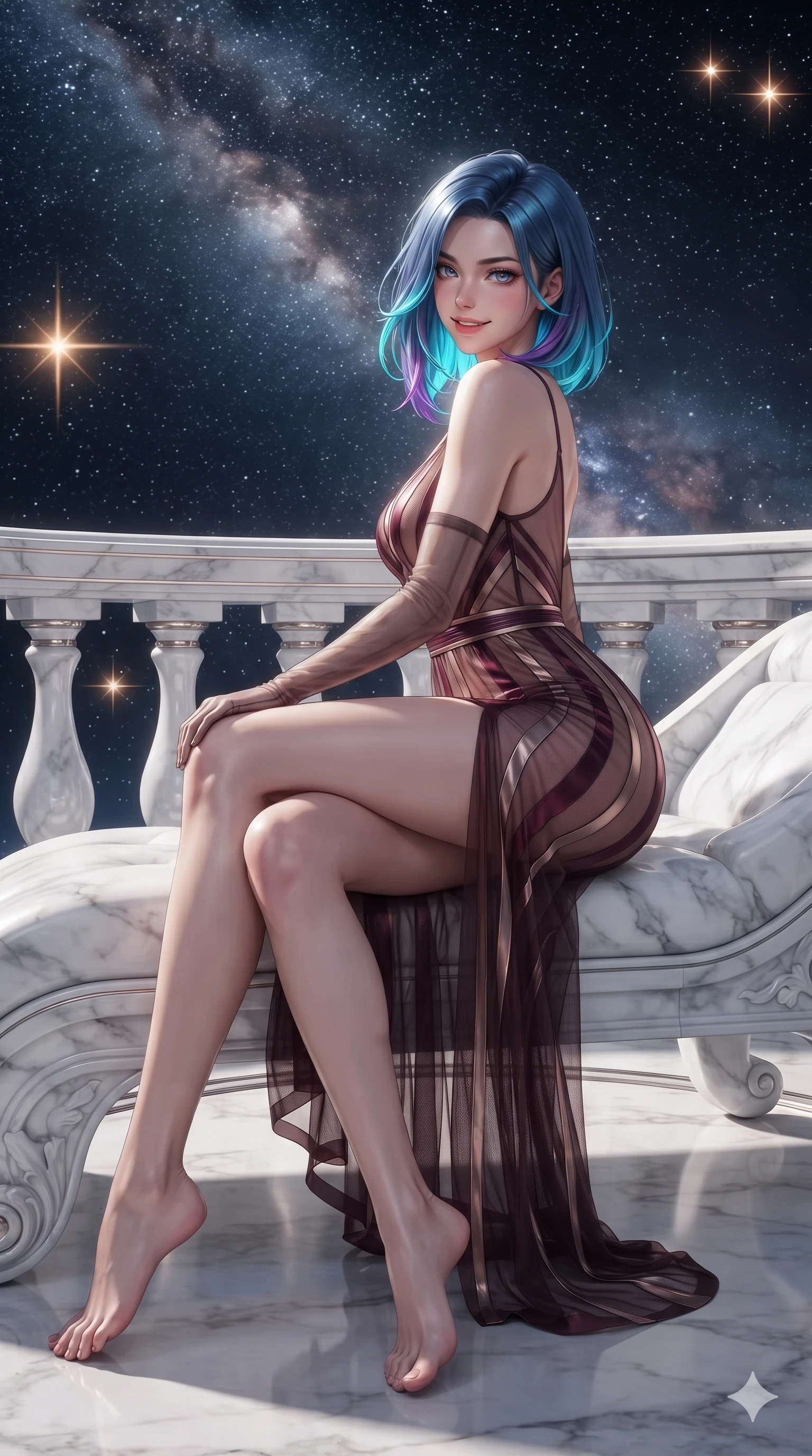 score_9, masterpiece, best quality, ultra-detailed, high-budget anime keyframe, editorial fashion photography, tasteful artistic composition, Caucasian woman. low angle full-body shot from head to toe showing her feet, filling the entire 9:16 vertical frame with her statuesque presence, stretching her vertical silhouette. executing a slow, graceful pivot turn as her skirt sways around her slender legs, glancing back with an enchanting, teasing sensual expression while sitting gracefully on the sculptural marble chaise with legs crossed, flashing an enchanting smile with parted glossy lips as starlight drapes across her. The surrounding environment is rendered in vivid detail and crisp panoramic clarity: sharp white Carrara marble balustrade carvings, polished platinum ring bevels, and razor-sharp star points in deep focus. She has an exceptionally tall and slender model-like 8.5-heads proportion, an ultra-slim waist, a flat toned midriff, narrow delicate ribcage, and beautifully sculpted feminine hips creating a graceful, slim hourglass silhouette without any bulky heaviness, with impossibly long slender legs. sharp v-shaped jawline, high-bridge nose, intricate jewel-like sparkling eyes with depth, thick eyelashes, glossy parted lips with a natural peach sheen, bright cheerful beaming smile with an enchanting and coquettish sensual glint, exuding both youthful cute charm and seductive allure, flawlessly proportioned anatomical accuracy, strict slender model proportions, natural body alignment, perfectly sculpted long slender limbs, ultra-slim waistline, clean dynamic posture without body distortion. wearing a plunge-front sheer illusion tulle slip dress with liquid platinum ribbon stripes hugging her curves in deep burgundy and bronze accents, woven from fine semi-opaque stretch illusion mesh tracing her slender contours, complemented by sheer opera-length evening gloves tracing her slender arms, the second-skin tailored fabric adhering flawlessly to her sculpted flat midriff and slender torso, emphasizing her long leg lines and perfectly proportioned willowy build. bathed in the unpolluted brilliant diamond sparkle of deep space starlight mixed with soft warm 2800K balcony edge lighting. ultra-reflective glossy finish, specular highlights, rich textural contrasts, high-contrast stereoscopic depth, volumetric dynamic lighting, 2k, ultra detail, master piece, 9:16 ratio
