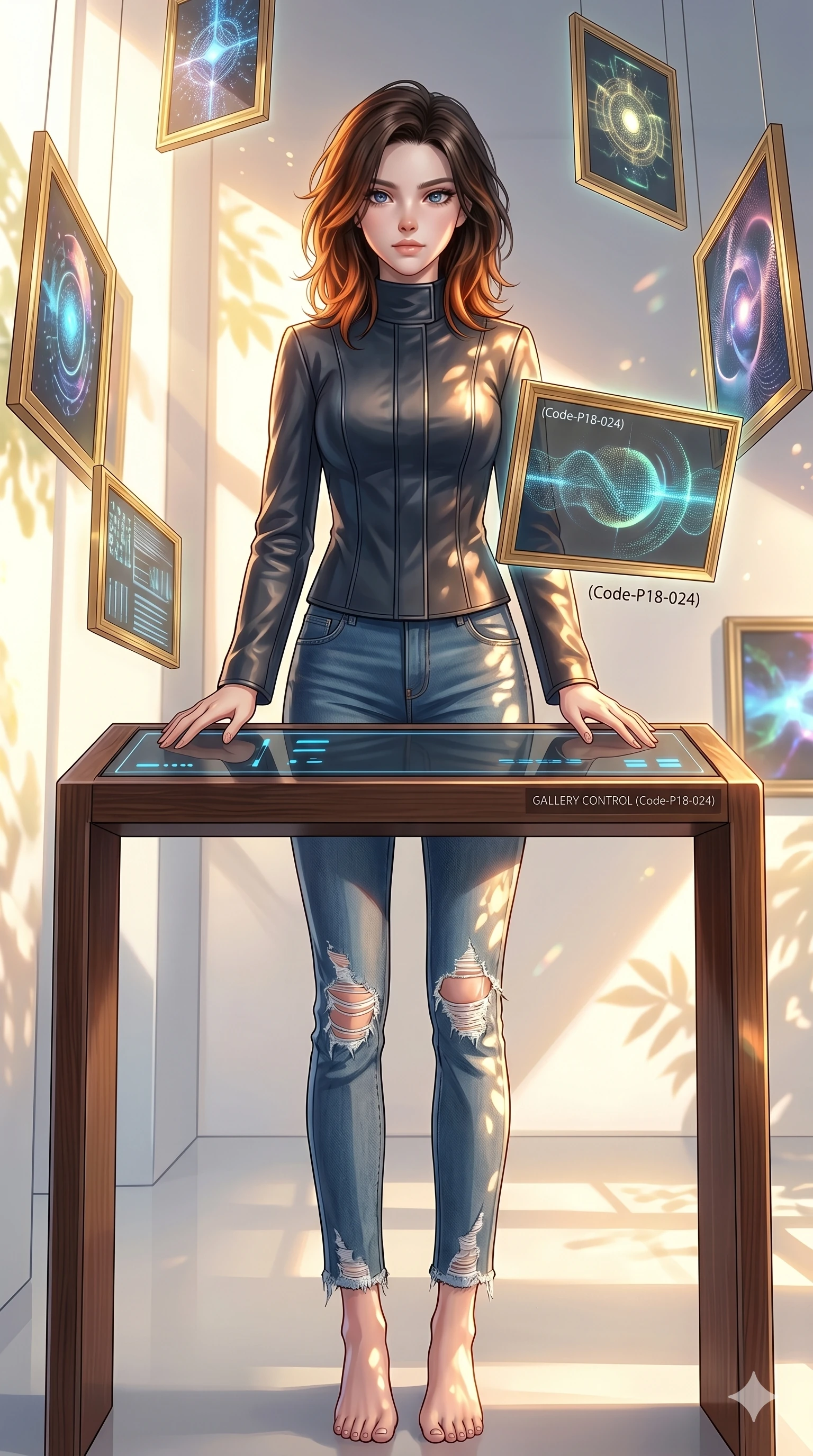 score_9, masterpiece, best quality, ultra-detailed, high-budget anime keyframe, editorial fashion photography, tasteful artistic composition, Korean woman. low angle full-body shot from head to toe showing her feet, filling the entire 9:16 vertical frame with her statuesque presence, stretching her vertical silhouette. resting her hands on the control panel, looking at the camera with an air of quiet self-assurance inside an avant-garde gallery with floating gold-framed digital canvases (Code-P18-024). She has an absolutely perfect 8-heads proportion, an exceptionally tall and slender female figure with impossibly long slender legs and an ultra-slim waist. V-shaped jawline, high-bridge nose, intricate jewel-like eyes with depth, thick eyelashes, glossy lips with a natural sheen. wearing a tailored high-neck leather jacket over smart matching denim trousers. drenched in brilliant morning sunshine, casting long warm highlights and leaf patterns on her skin. 2k, ultra detail, master piece, 9:16 ratio