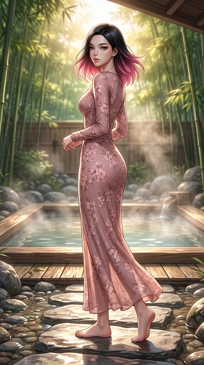 score_9, masterpiece, best quality, ultra-detailed, high-budget anime keyframe, editorial fashion photography, tasteful artistic composition, Korean woman woman. low angle full-body shot from head to toe showing her feet, filling the entire 9:16 vert